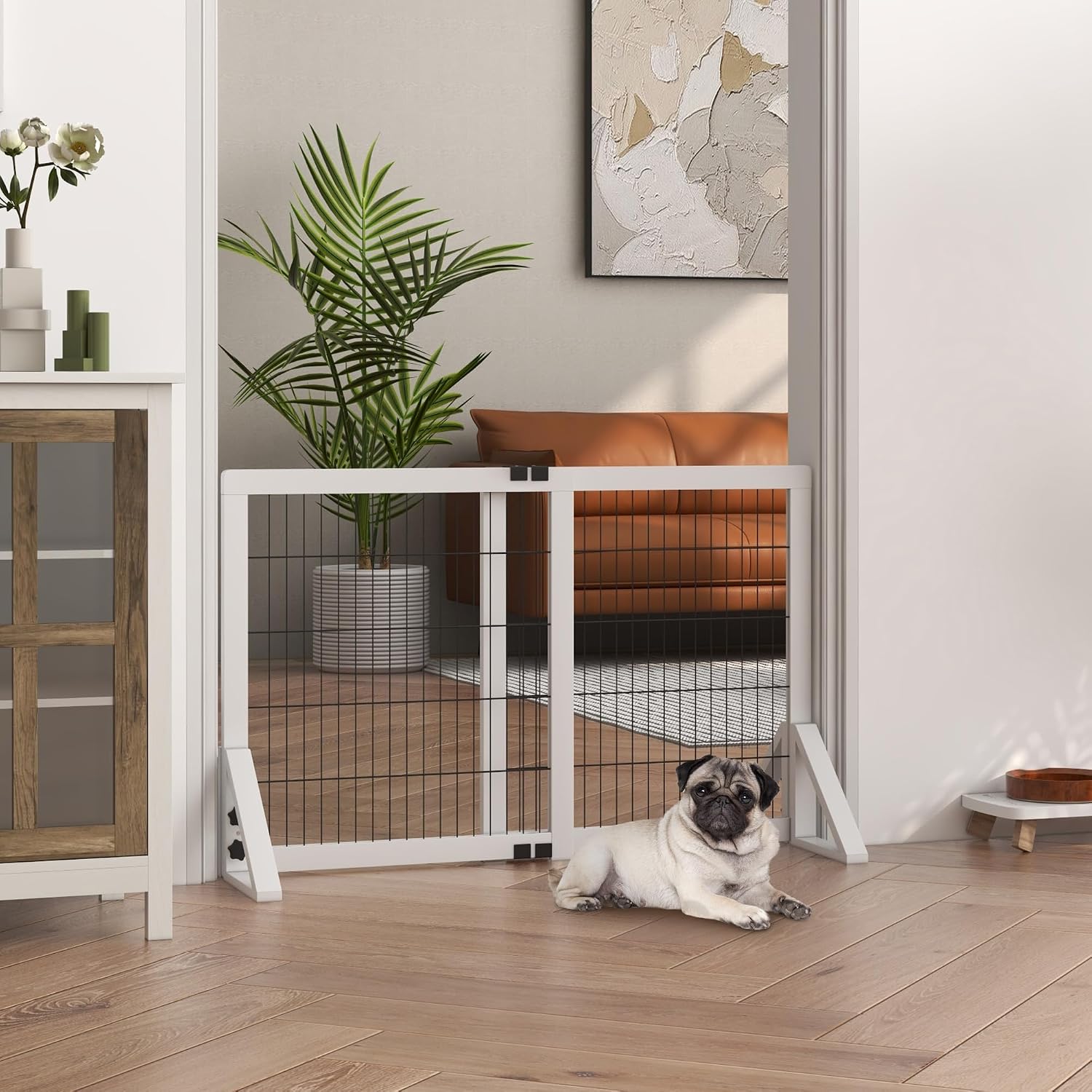 Detalle de PawHut Barrière de sécurité pour chien à 2 panneaux réglable 63-106 x 44 x 67 cm, bois de pin et acier, blanc