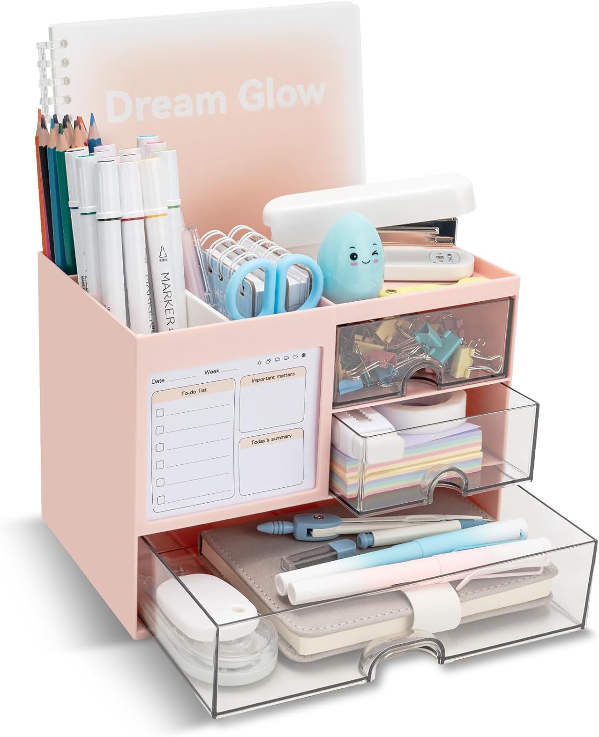 Detalle de RISEMART Desk Organiser with 3 Drawers: Large Capacity 21 x 14.5 x 15.5 cm, Pink