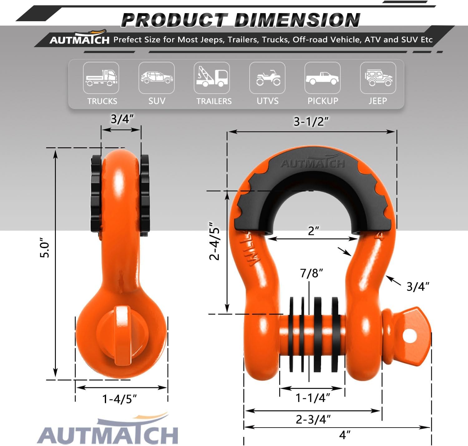 Detalle de AUTMATCH 3/4" D Ring Shackle (2 Pack) with 7/8" Screw Pin and Isolator Washers Kit