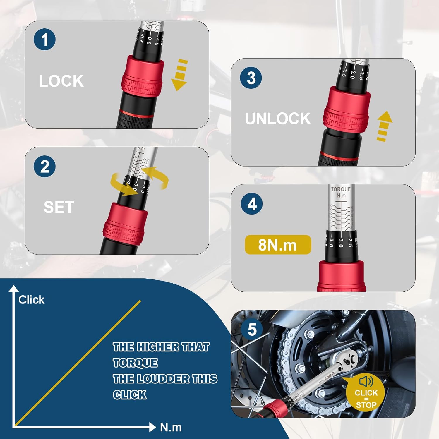 Thumbnail 5 de VANPO Drehmomentschlüssel Set 3/8 Zoll (5–60 Nm) für Fahrrad, Motorrad & Zündkerzenwechsel