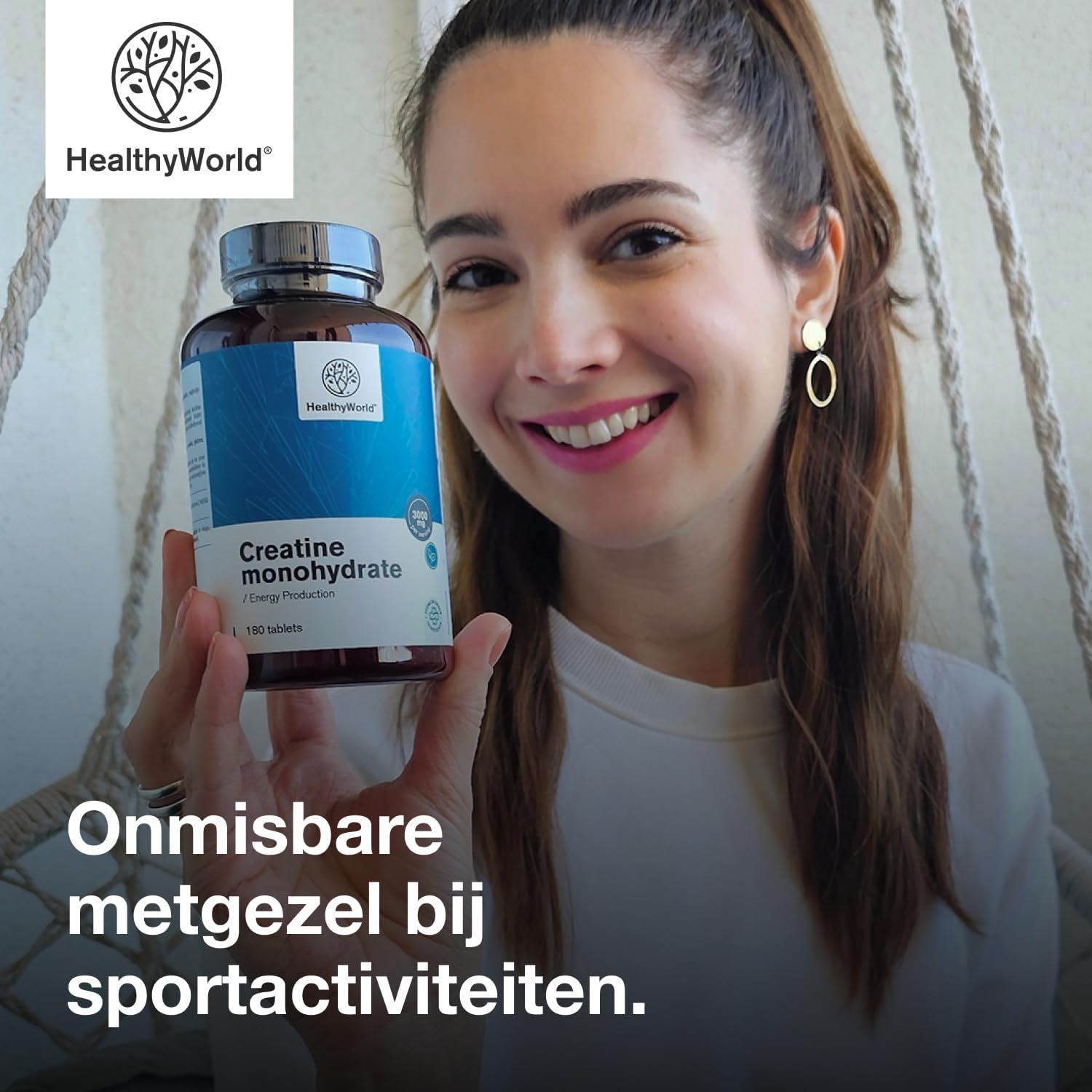 Detalle de HealthyWorld Creatinemonohydraat 3000 mg, 180 vegetarische tabletten