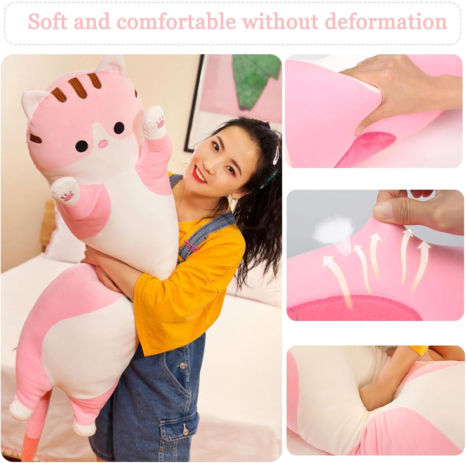 Detalle de Aiuidun Lange Katze Kuscheltier – 90 cm Pinkes Plüschkissen