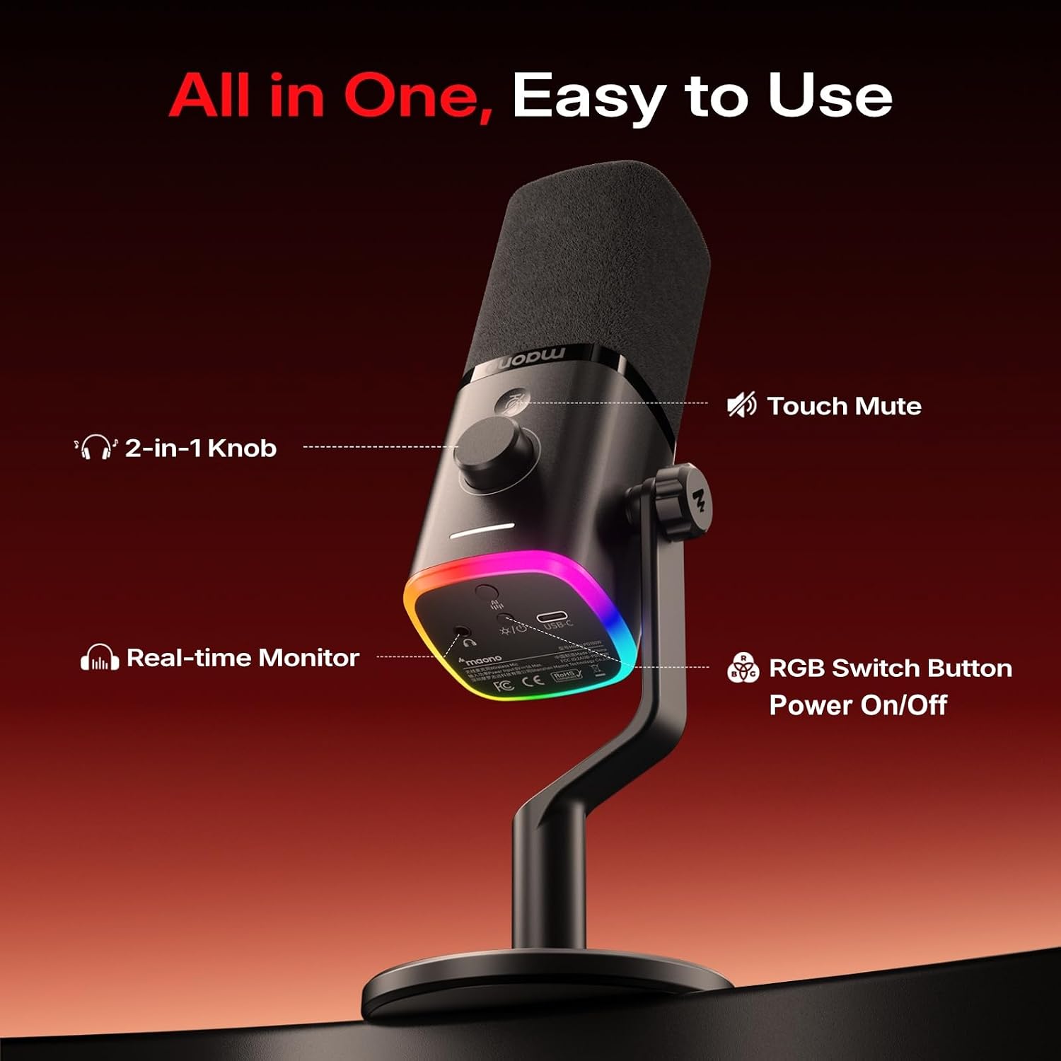 Thumbnail 6 de MAONO PD100W Wireless Dynamic Gaming Microphone with USB-C Receiver and Boom Arm