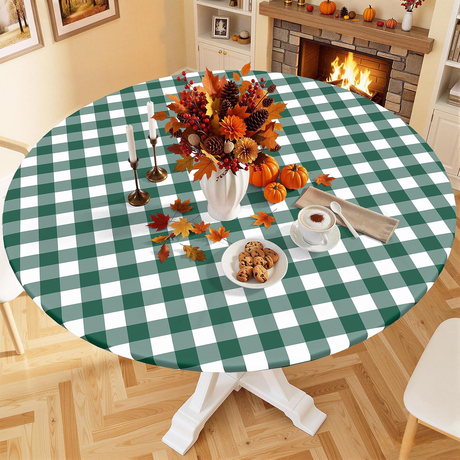 Detalle de Smiry Round Picnic Tablecloth (45–56 in) — Elastic Fitted Vinyl Waterproof Cover with Flannel Back, White & Emerald Green