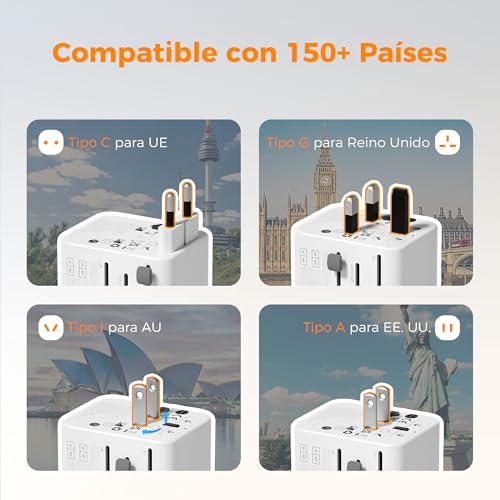 Thumbnail 1 de TESSAN adaptador de enchufe universal para viaje con 2 USB A y 3 USB C (tipo A, C, G e I) para más de 224 países