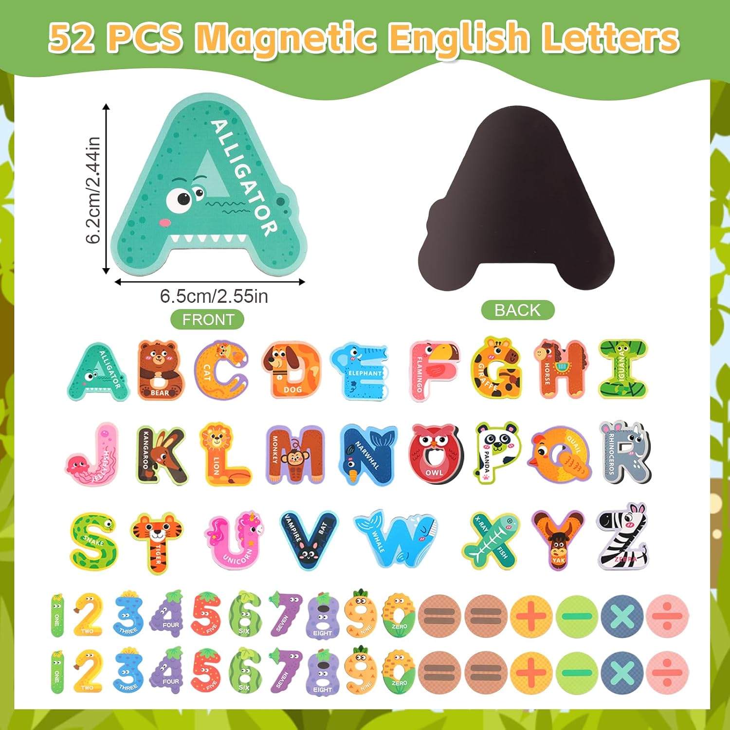 Detalle 2 de 52 Pcs Uppercase Magnetic Letters and Numbers for Children – Large Fridge Magnets with Animal & Fruit Designs