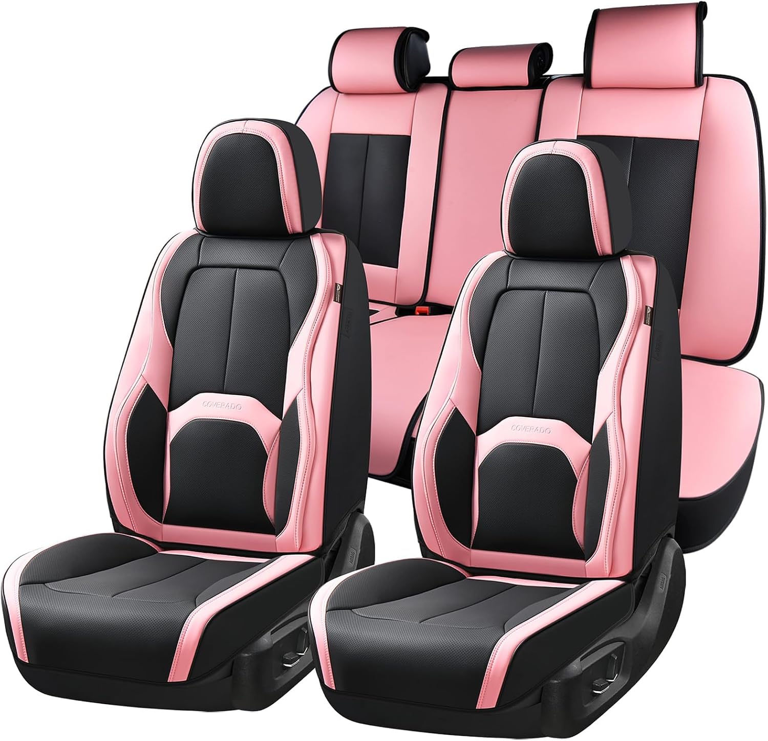 Detalle de Coverado Car Seat Covers Full Set — Waterproof Nappa Leather with Lumbar Support (Black & Pink)