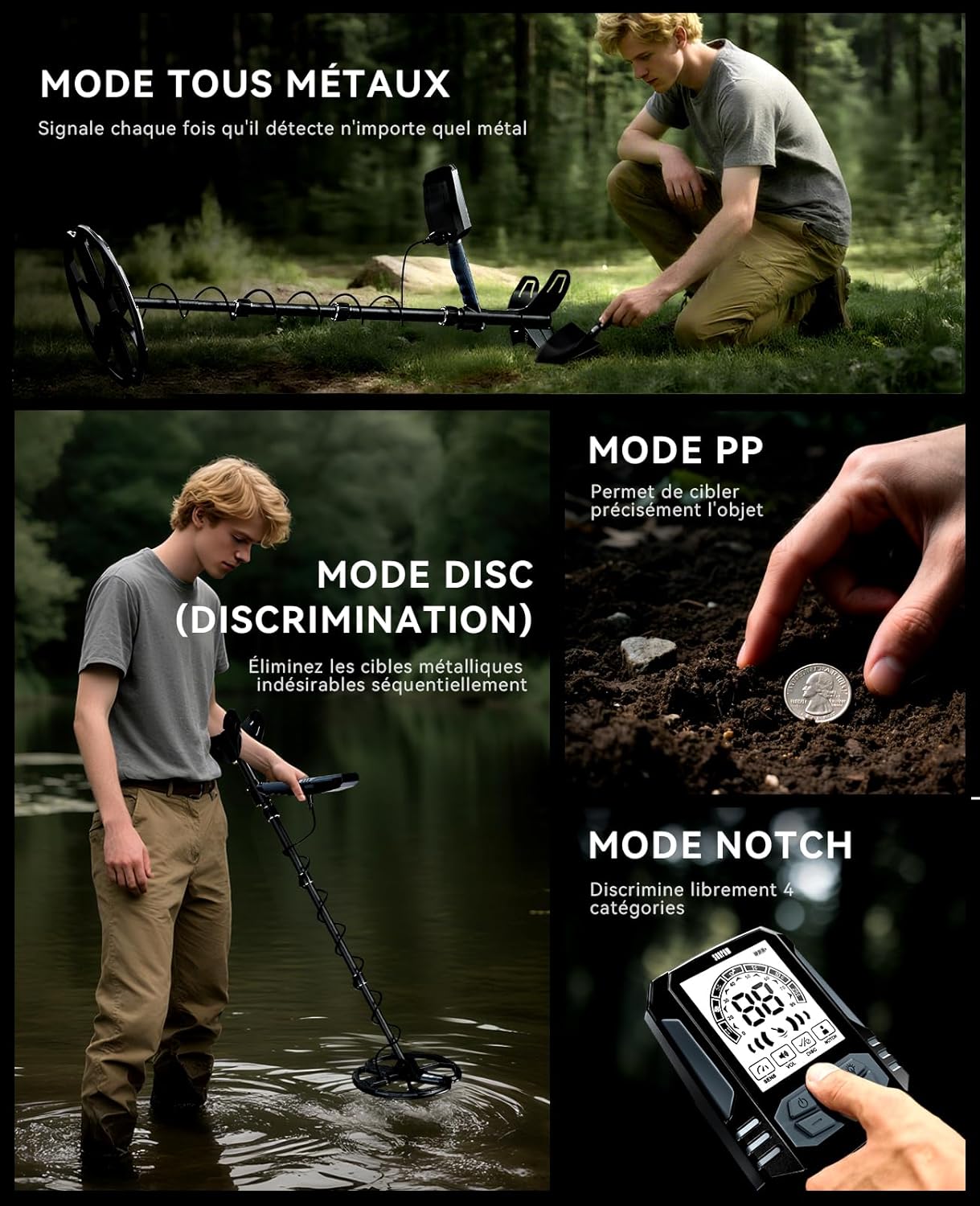 Thumbnail 5 de SUNPOW Détecteur de Métaux – Bobine Double D 28 cm, Batterie Li-ion 35 h, 4 modes, 7 métaux identifiés, IP68