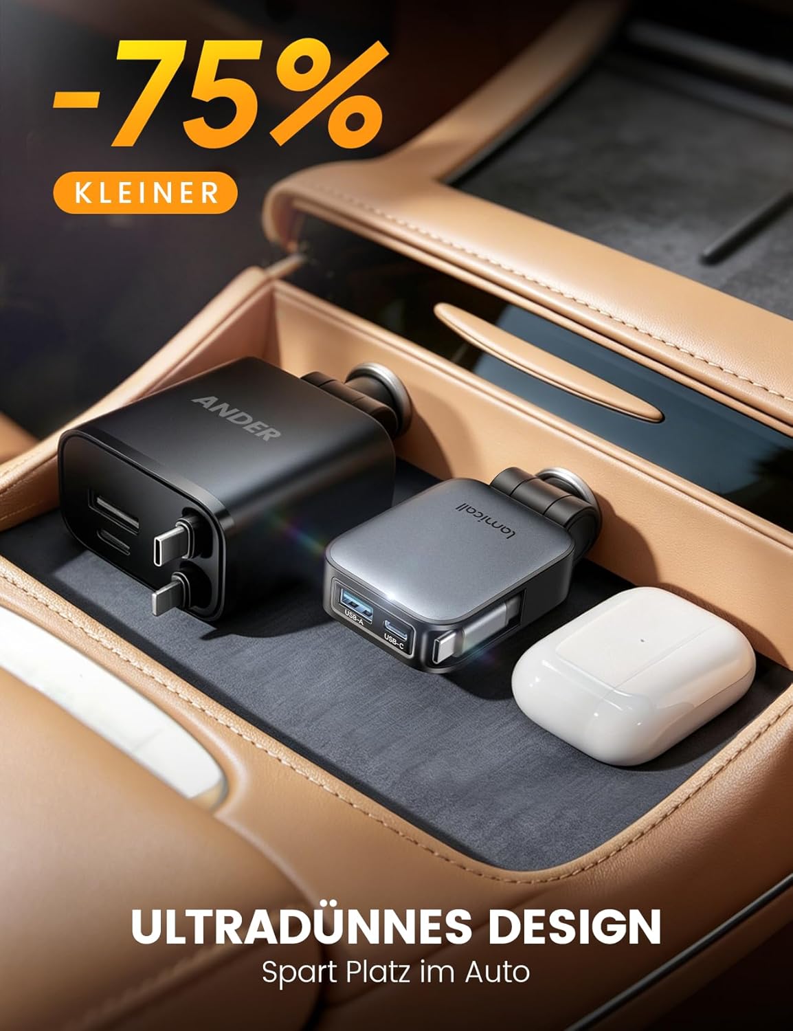Detalle 2 de Lamicall 3 IN 1 Zigarettenanzünder USB C Auto Ladegerät – Ultraklein, 63W, integriertes Einziehbares Kabel