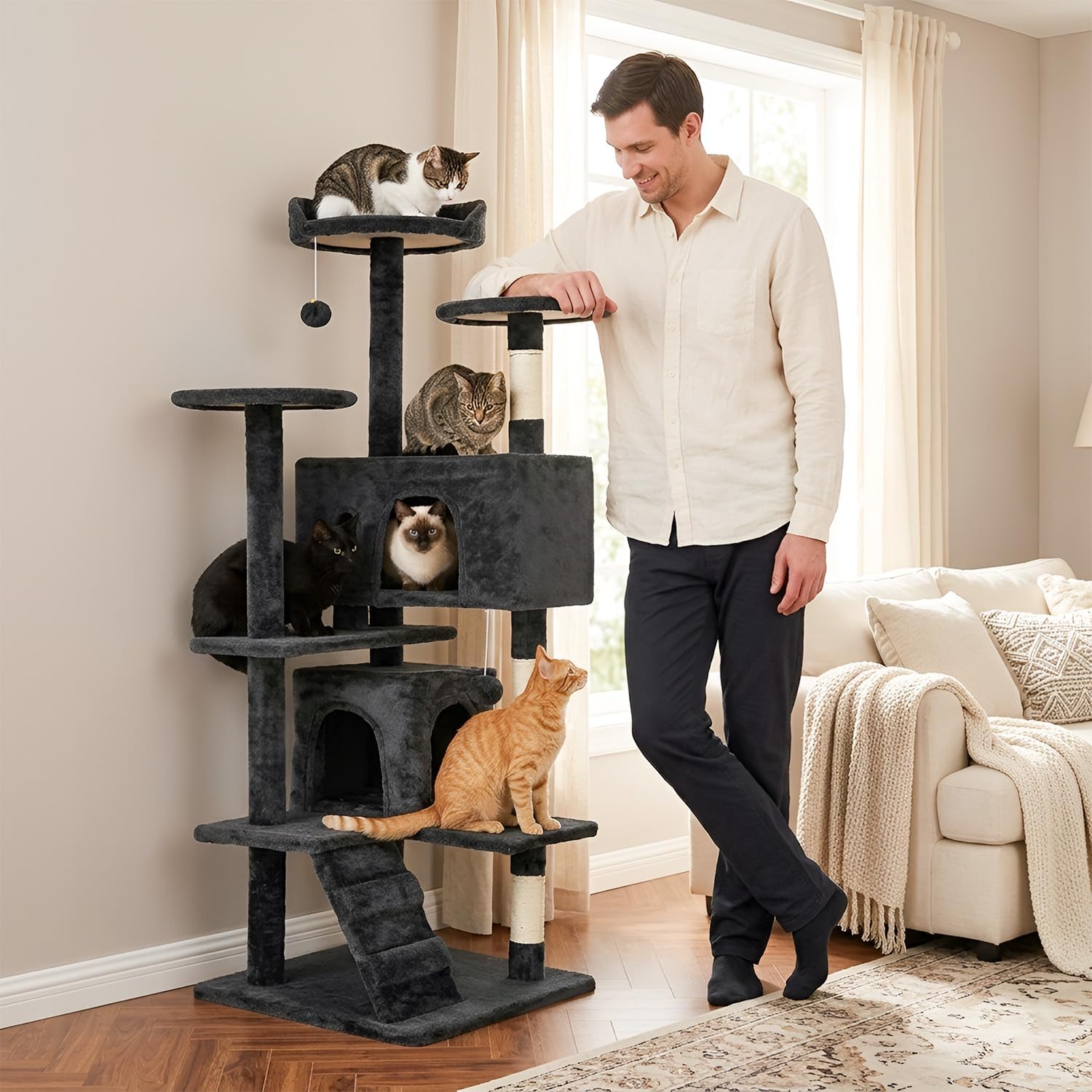Thumbnail 6 de FDW Cat Tree 54-Inch Tower with Sisal Posts, Condo and Plush Perches