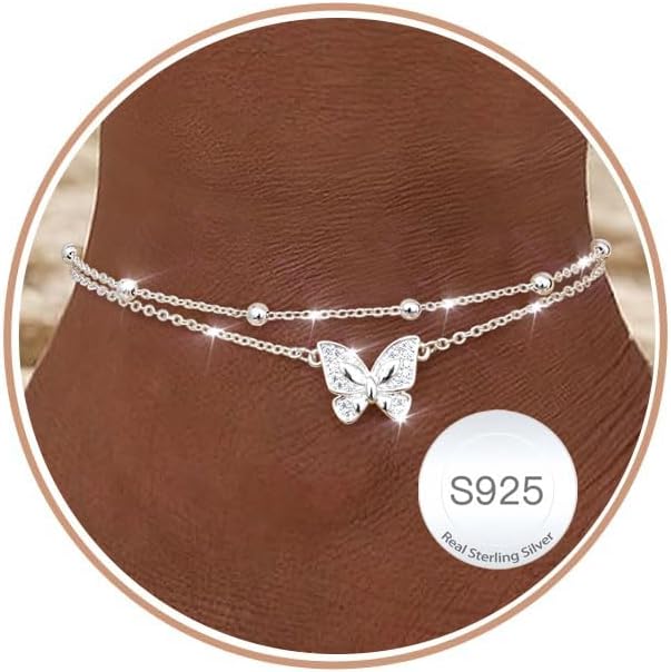 Detalle de LOLIAS Fußkettchen Silber 925 Layered – 18–26,5 cm, wasserdicht, mit vier Varianten (Schmetterling, Herz, Perlenkugel, CZ)