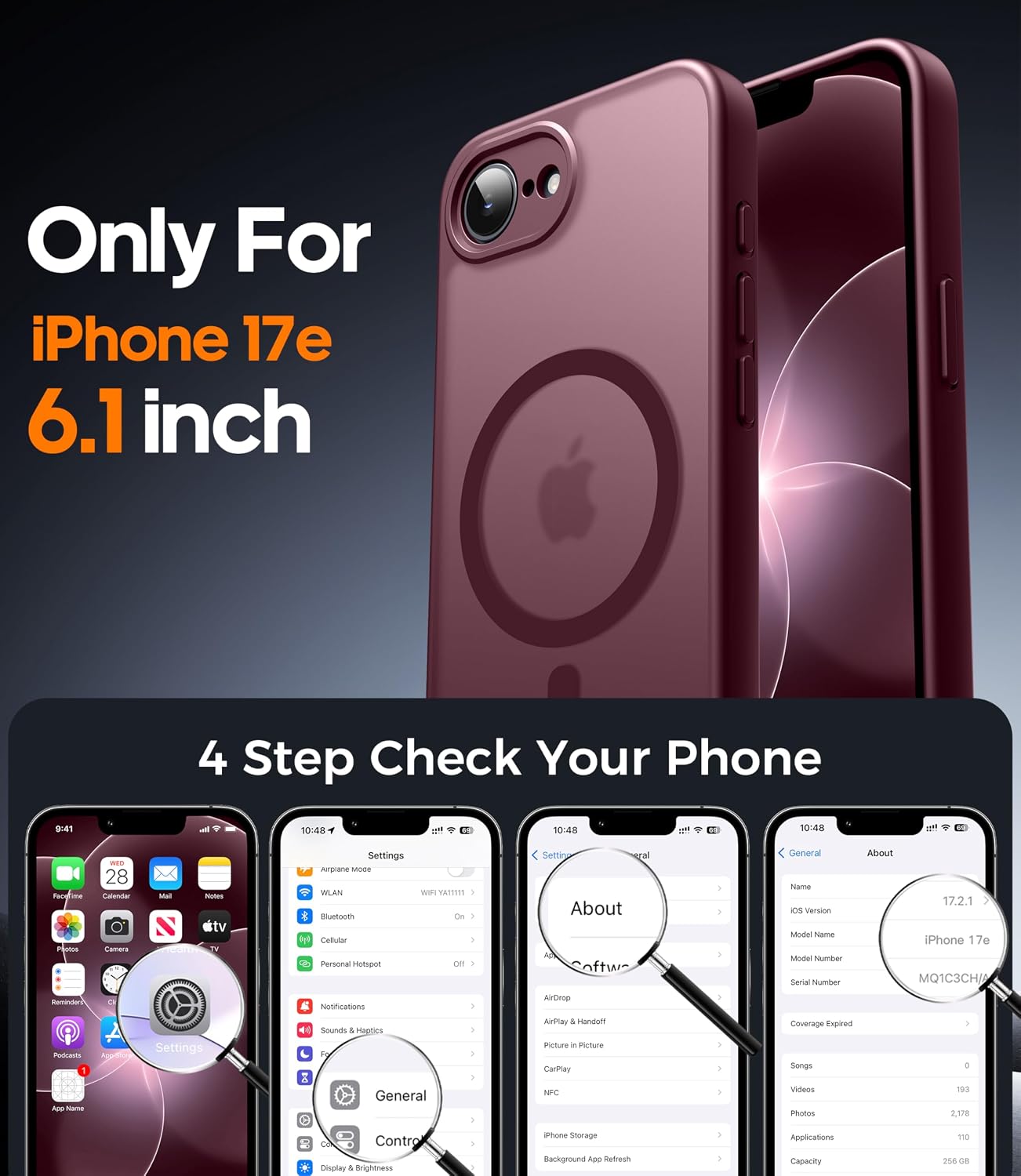 Detalle de Qasyfanc Magnetic Case for iPhone 17e / 16e with 2 Tempered Glass Protectors – Wine Red