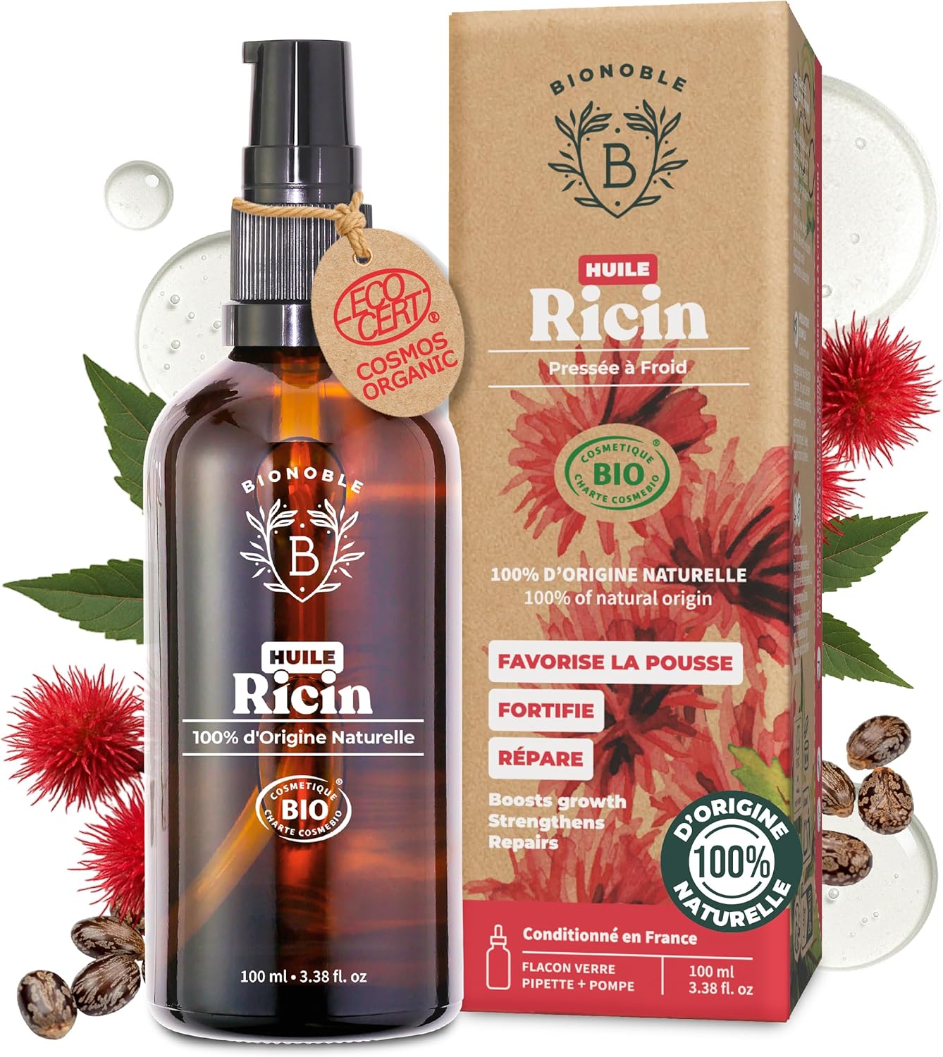 BIONOBLE Huile de Ricin Bio Pressée à Froid – 100 ml, 100% Naturelle, pour cheveux, cils et sourcils