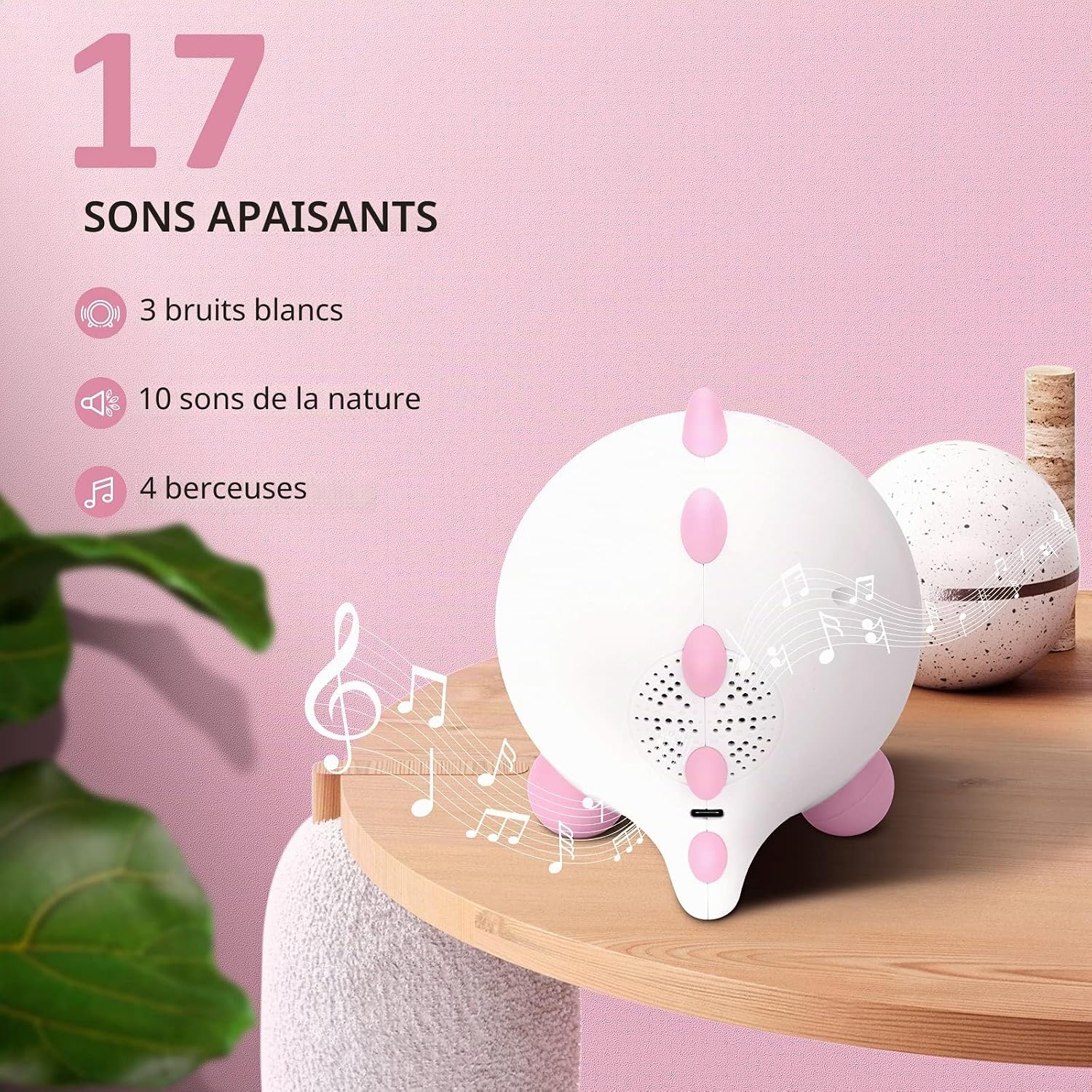 Detalle 2 de H-chin Réveil pour Enfants — Entraîneur de Sommeil avec Veilleuse et Machine Sonore (Rose)