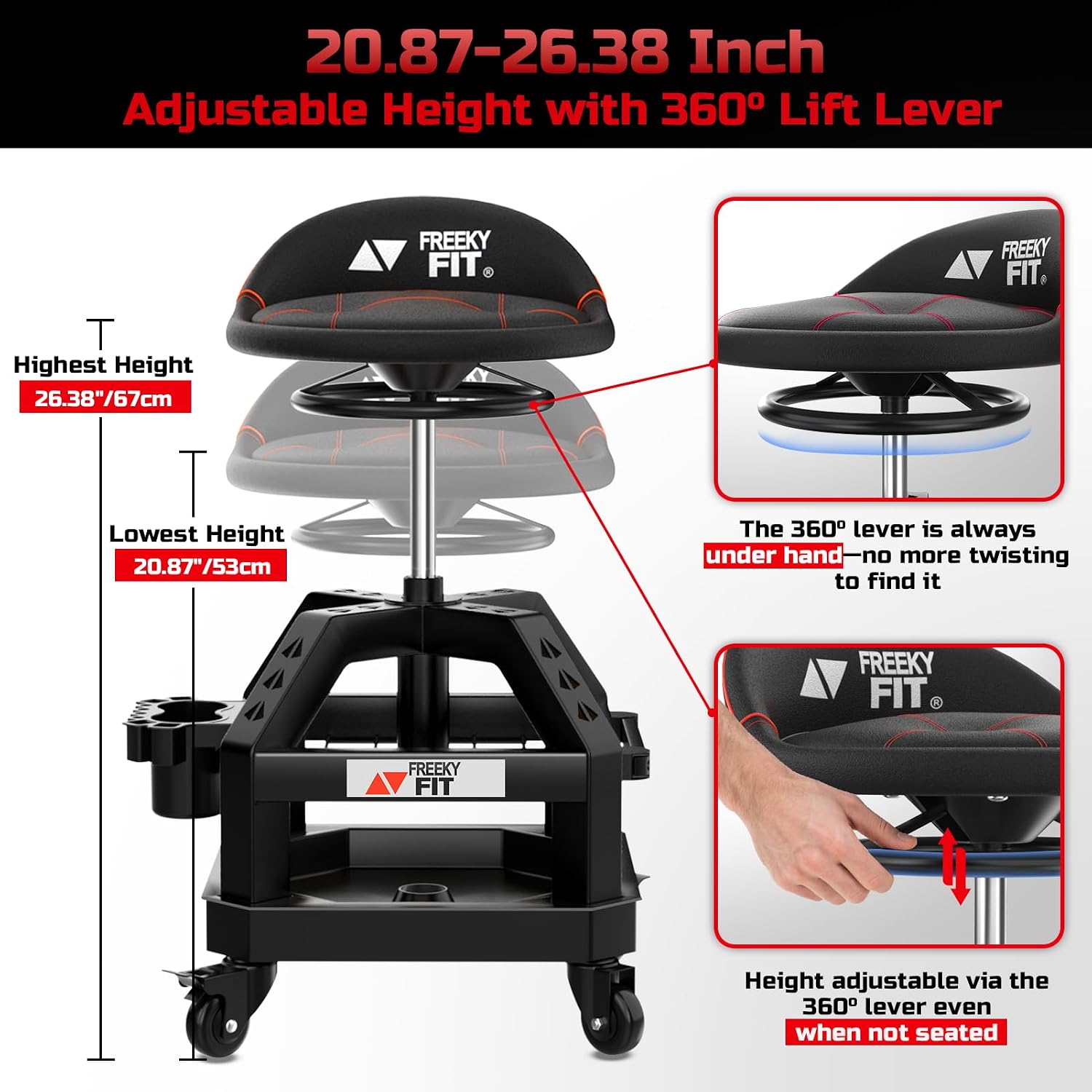 Thumbnail 4 de FreekyFit DO02 Rolling Shop Stool for Garage (Adjustable Height, 360° Swivel, Casters)