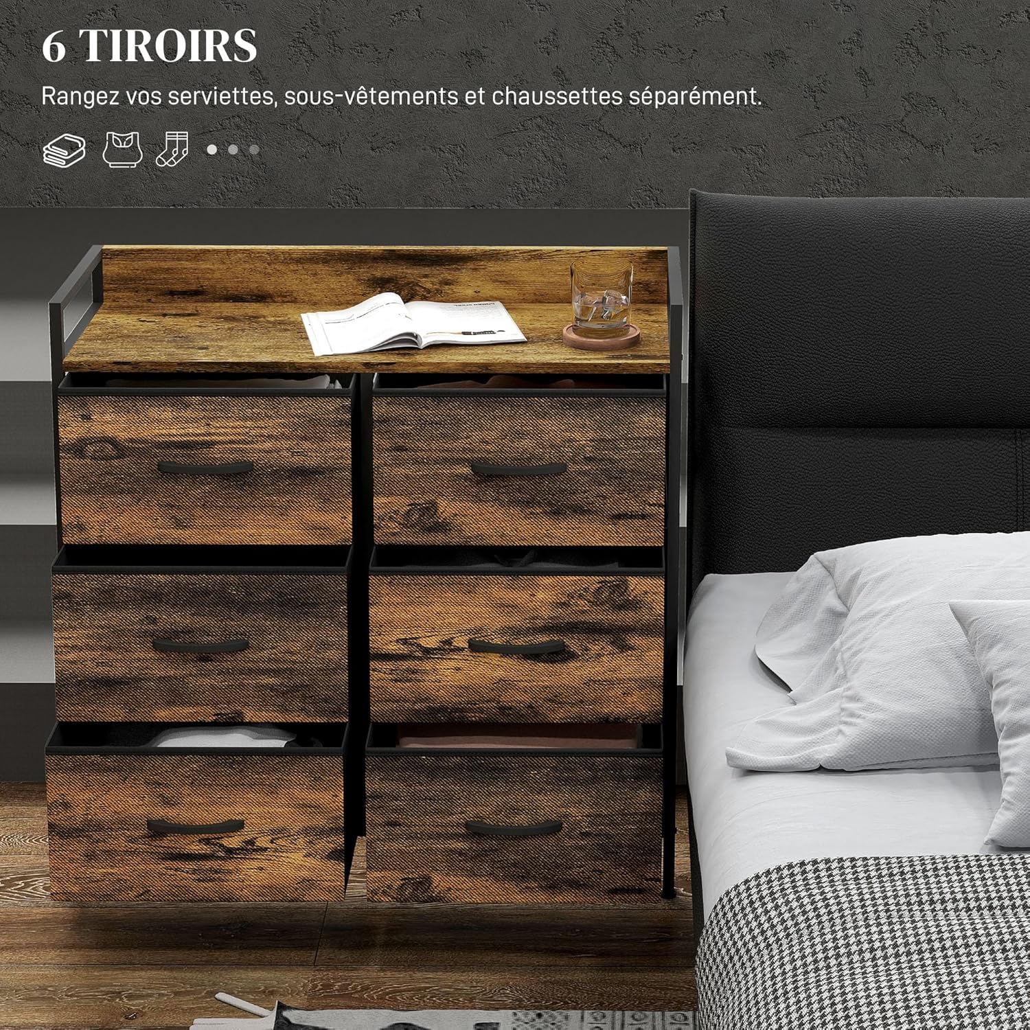 Detalle 2 de HOMCOM Commode en tissu à 6 tiroirs pliables avec cadre en acier – look industriel pour chambre et salon