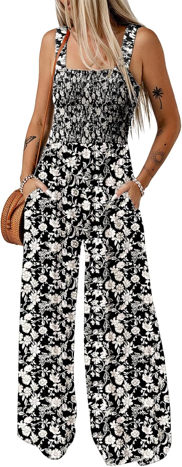 Detalle de Dokotoo Women's Casual Loose Overalls Jumpsuits: Sleeveless Printed Wide-Leg Rompers with Pockets