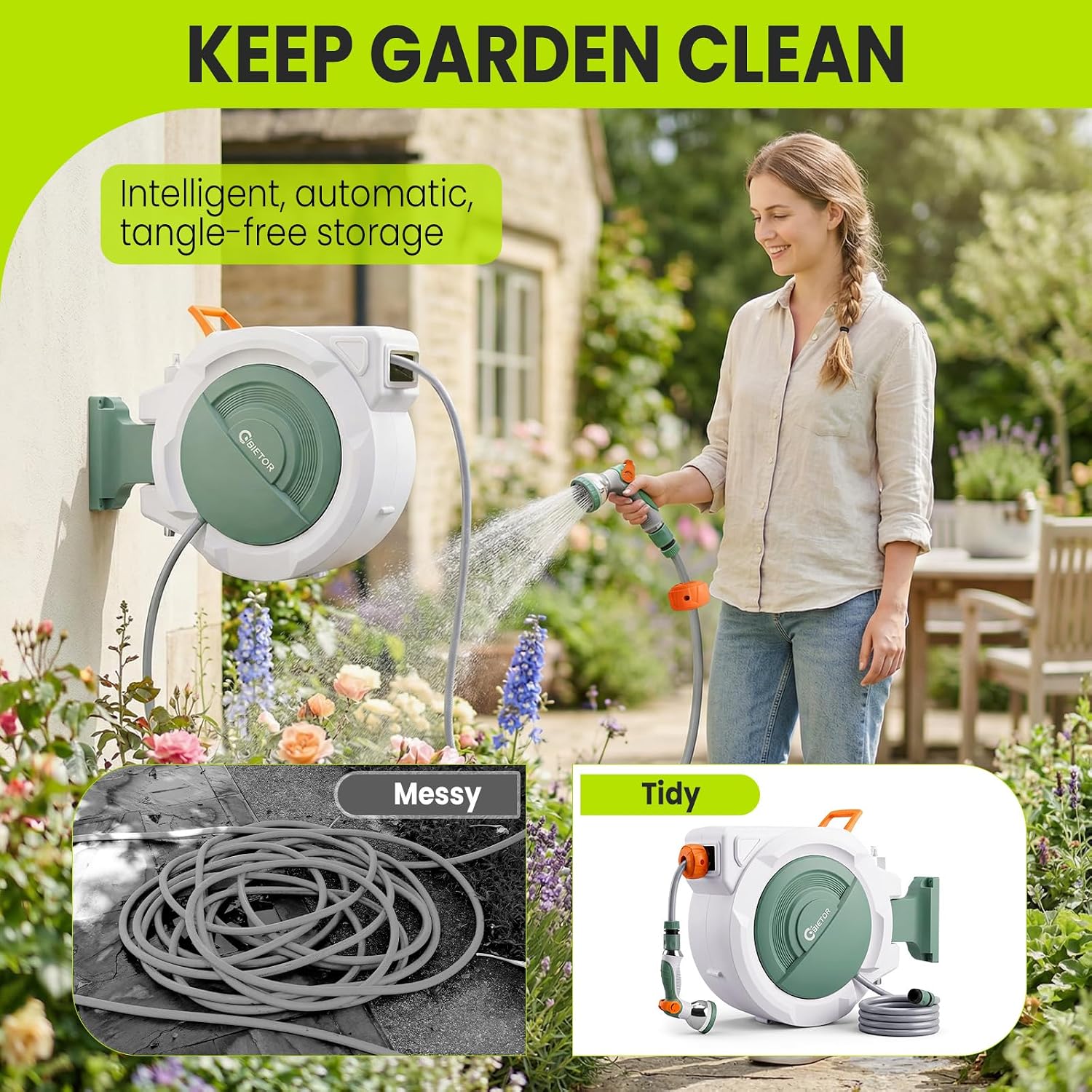 Thumbnail 1 de Bietor Retractable Garden Hose Reel – 45m Reach, 180° Swivel, 10-Pattern Nozzle