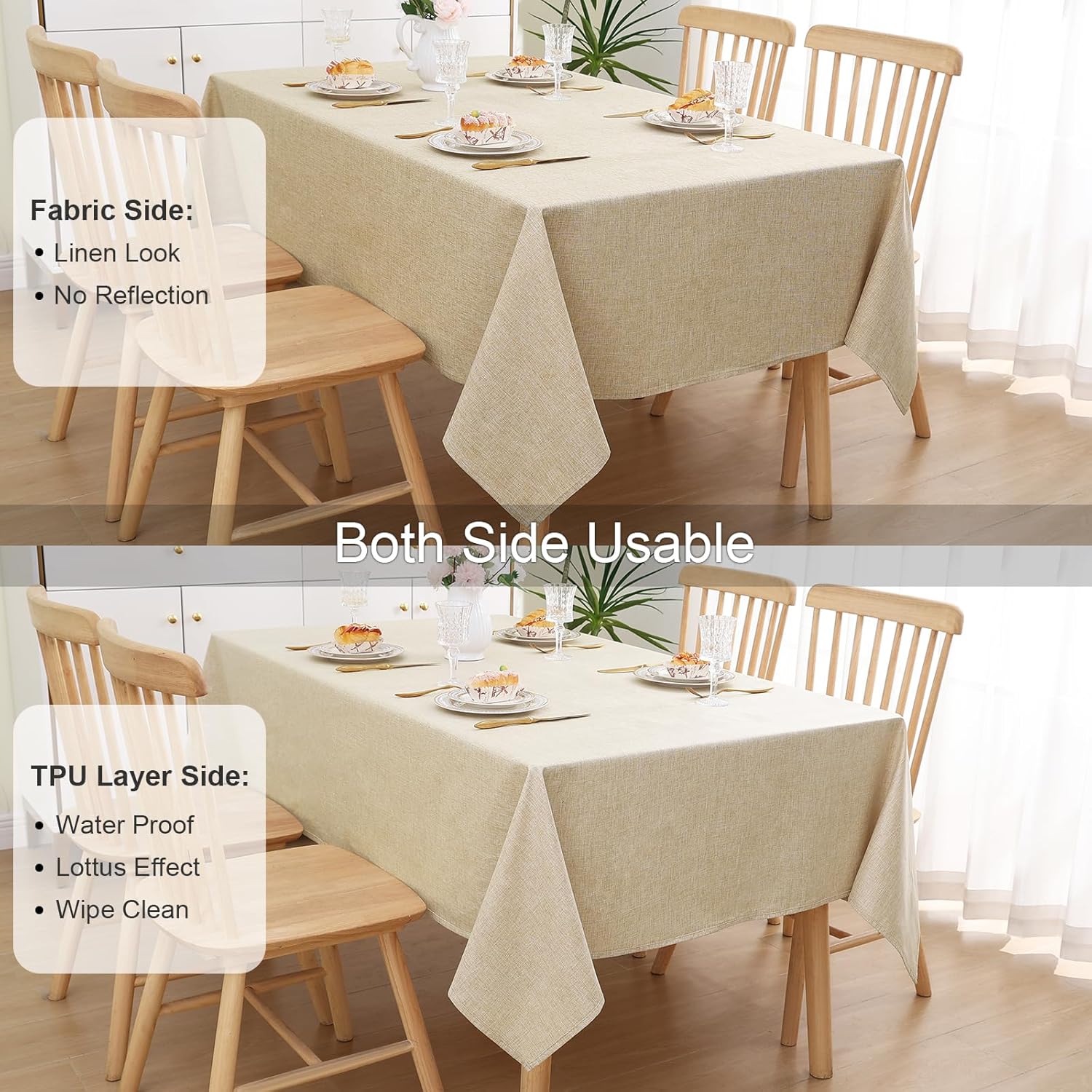 Thumbnail 1 de Homaxy Leinenoptik Tischdecke mit Lotus-Effekt, abwaschbar und wasserabweisend (beige, eckig, 140 x 300 cm)