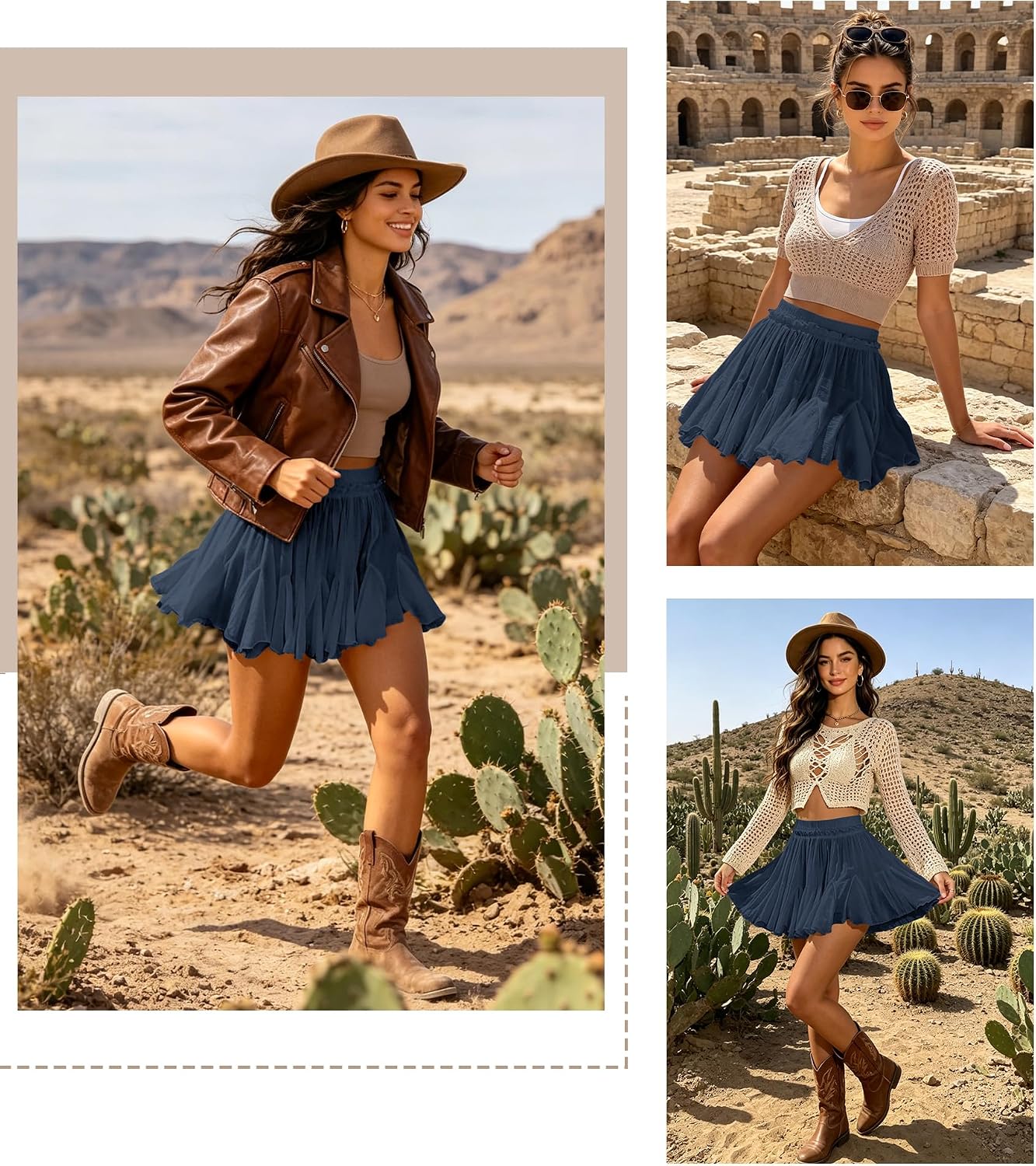 Detalle de Women's Flowy Linen Boho Ruffle Mini Skirt Skorts with Pockets