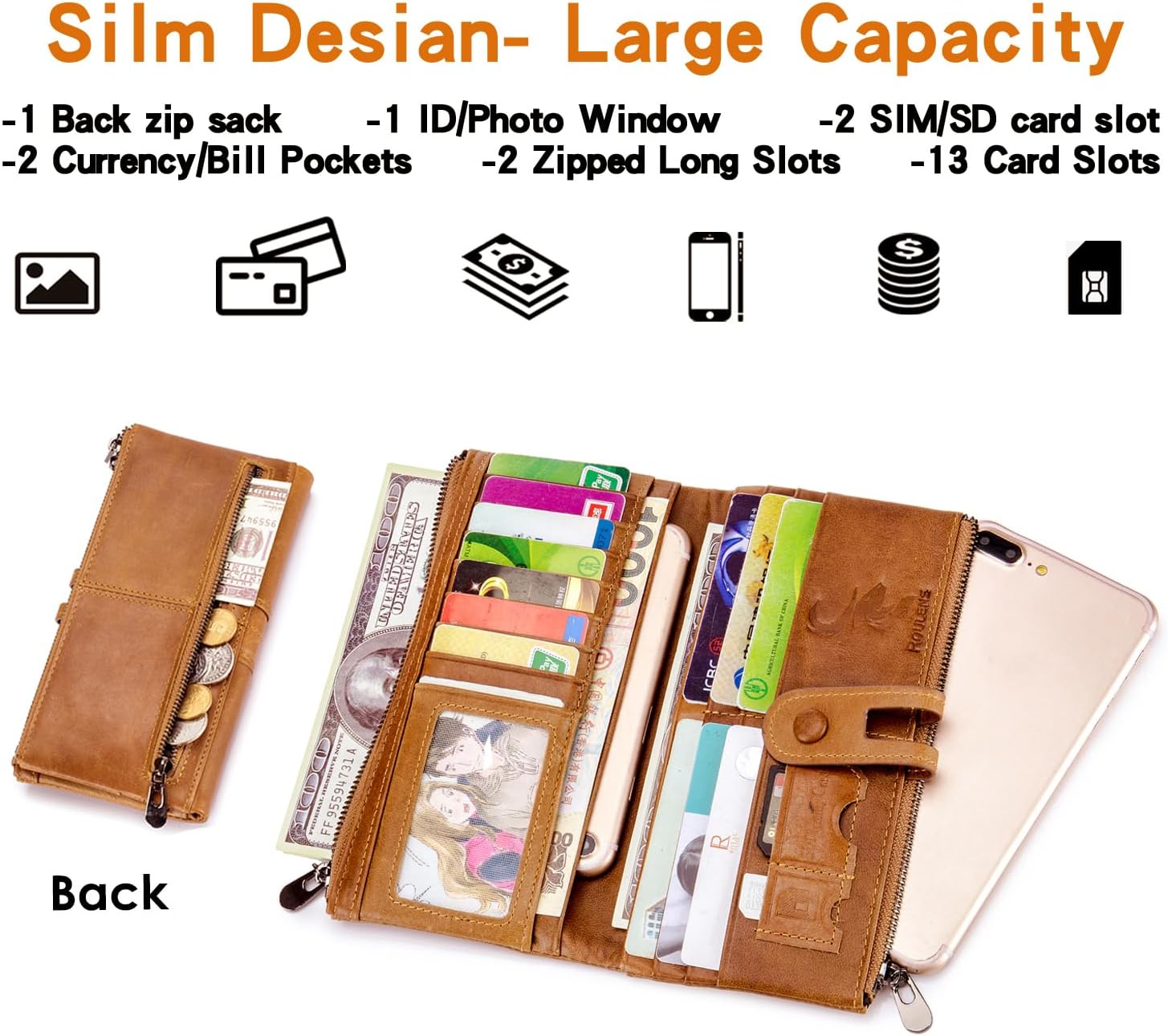 Detalle 2 de Roulens Genuine Leather women’s slim zip bifold clutch wallet with RFID blocking