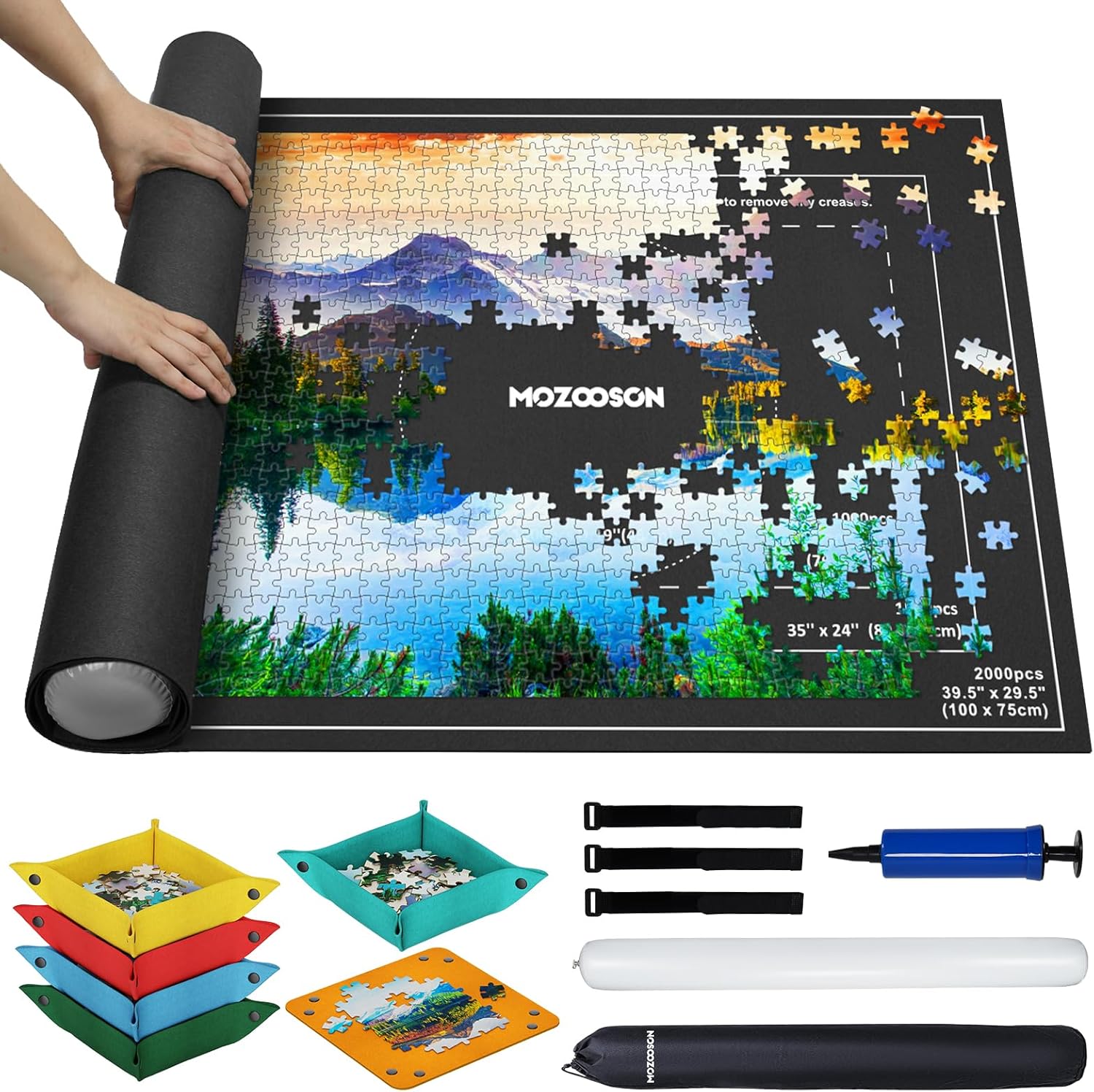Detalle de MOZOOSON Puzzlematte: Rollbare Filz-Puzzlematte für 1000–2000 Teile mit Sortierboxen
