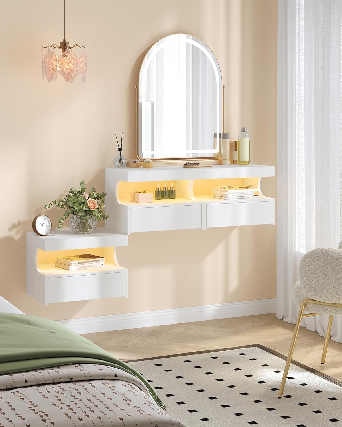 Detalle de Hzuaneri Table de Chevet Suspendue – Lot de 2, avec LED et tiroir coulissant (Blanc) NS50403XEU