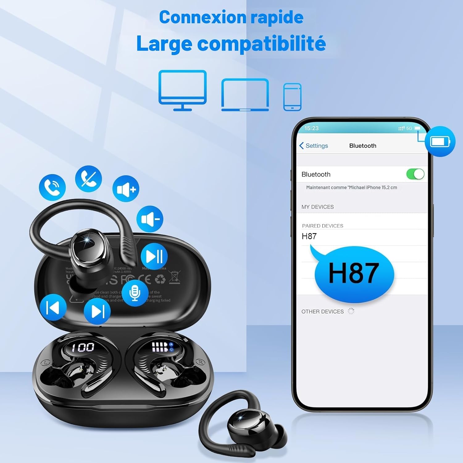 Thumbnail 6 de Ecouteurs Bluetooth sans Fil Sport 2026 – HiFi, IP7, 60H d’autonomie, 4 ENC mics
