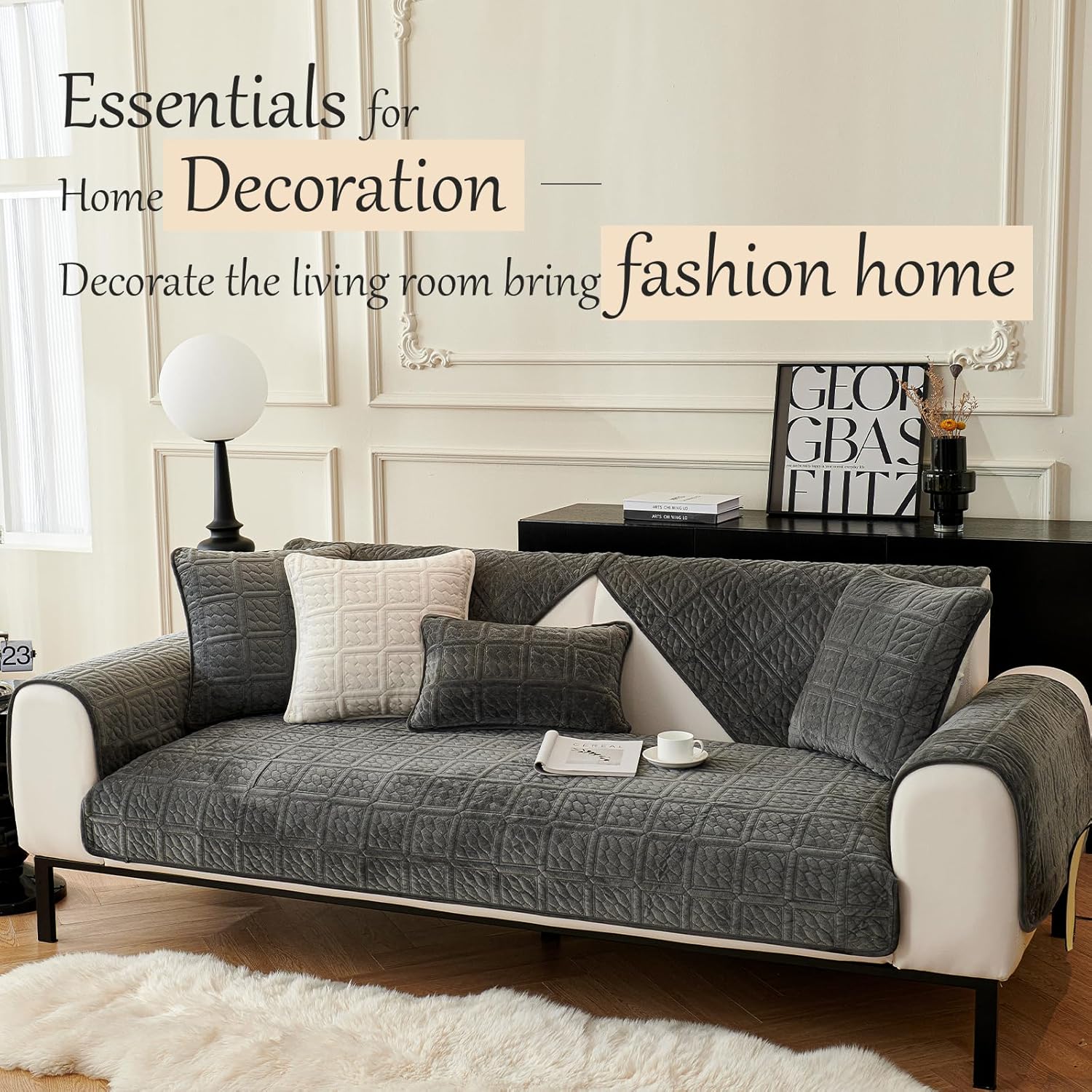 Detalle 2 de Upgrade Milchsamt Sofa-Überzug SHANNA für L-Sofa (Ecksofa) – Dunkelgrau, 70×90 cm