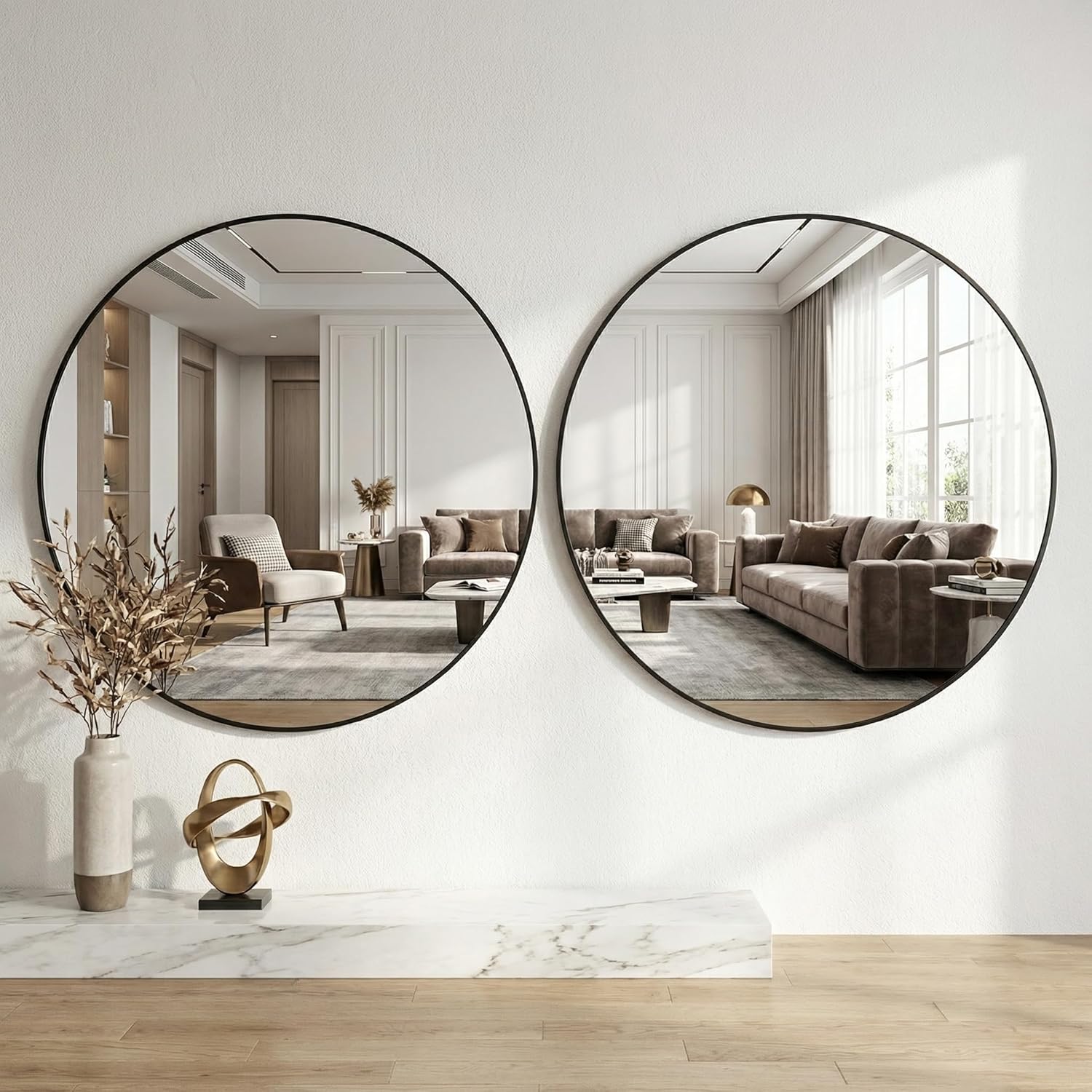 Detalle de BEAUTYPEAK 106 cm runder Wandspiegel mit bruchsicherem Glas und Aluminiumrahmen in Schwarz
