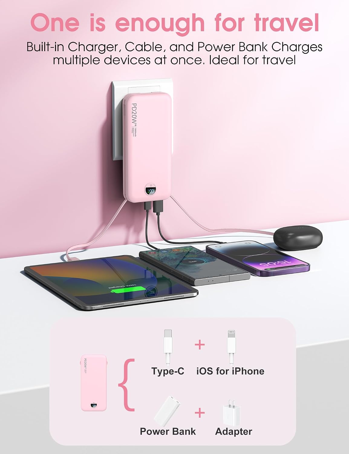 Thumbnail 3 de citicr AC-02D 10,000mAh Portable Charger, PD 20W, Built-In Plug, Fairy Pink