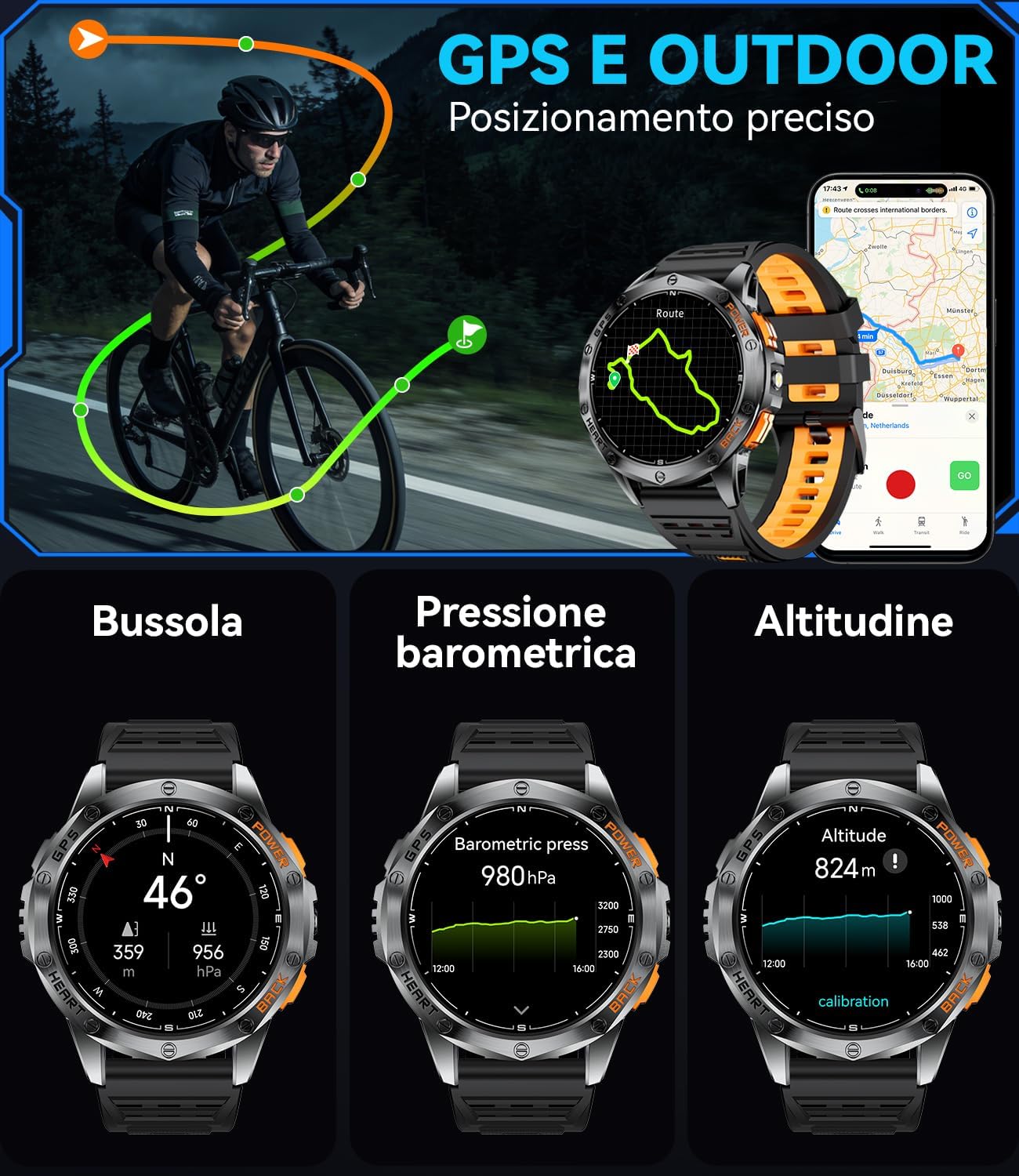Detalle de LIGE Smartwatch Uomo DM1-H: GPS, Bussola, Altimetro e Chiamate Bluetooth per Avventure e Fitness