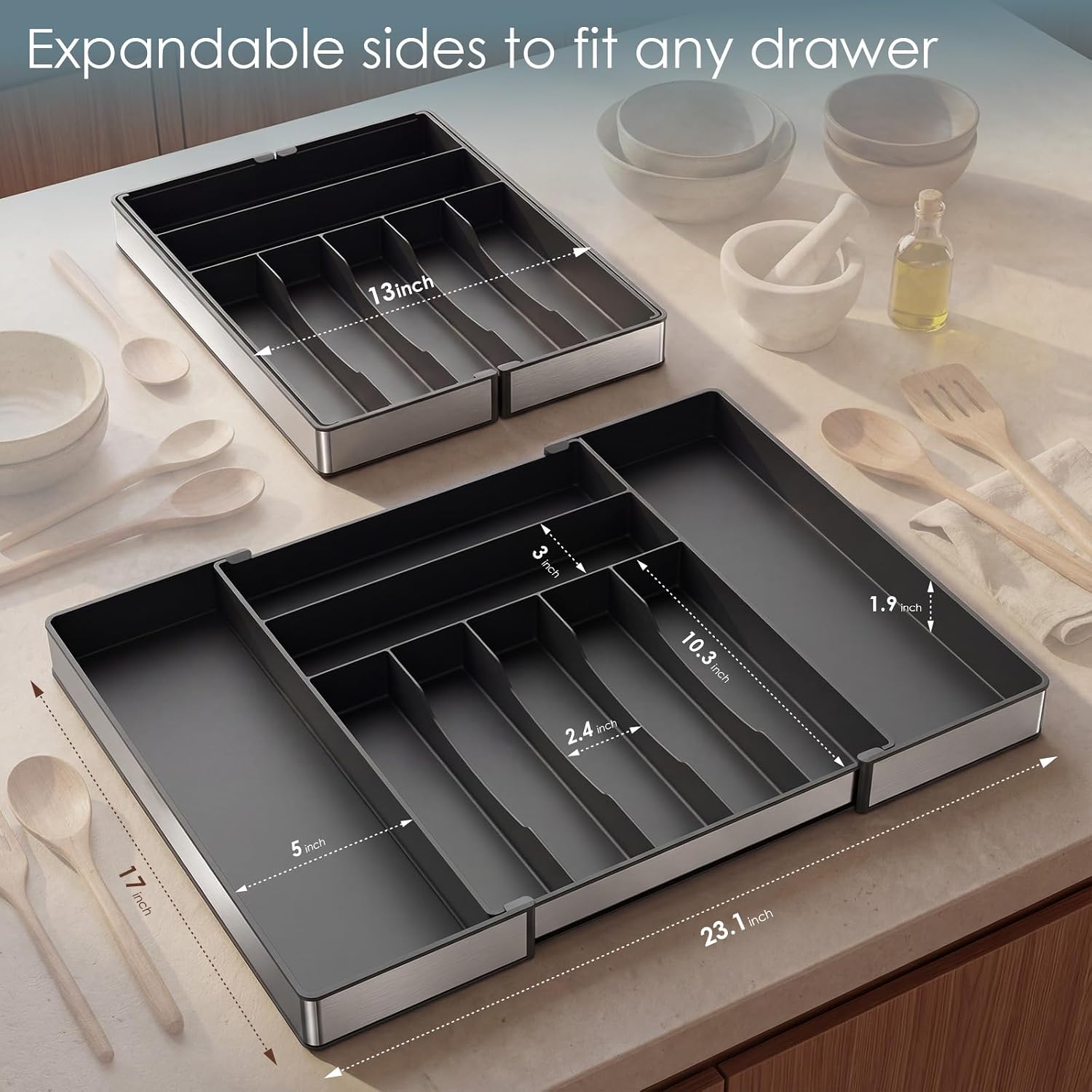Thumbnail 5 de CCWOFF Expandable Silverware Organizer, 9 Compartments, Stainless Steel Frame, Black