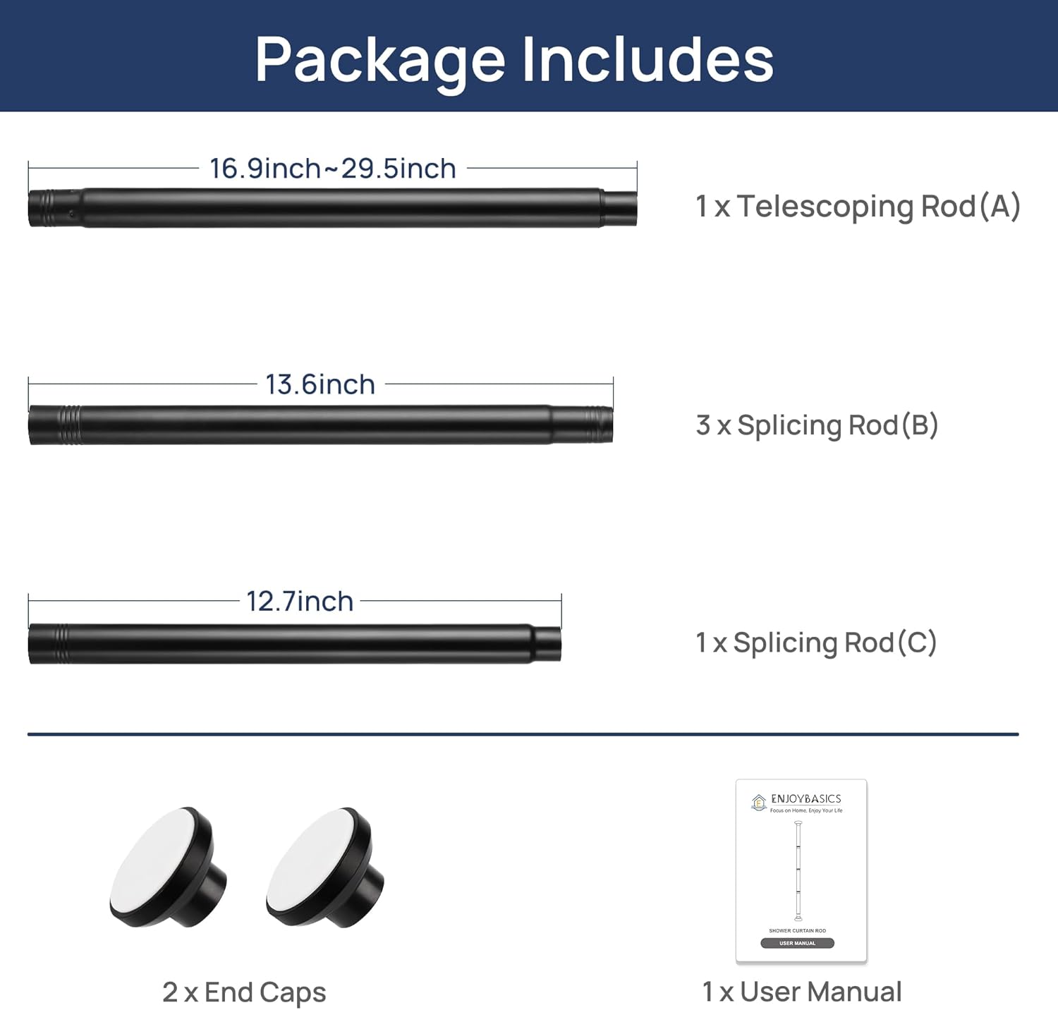 Thumbnail 1 de ENJOYBASICS Matte Black Shower Rod 30–76