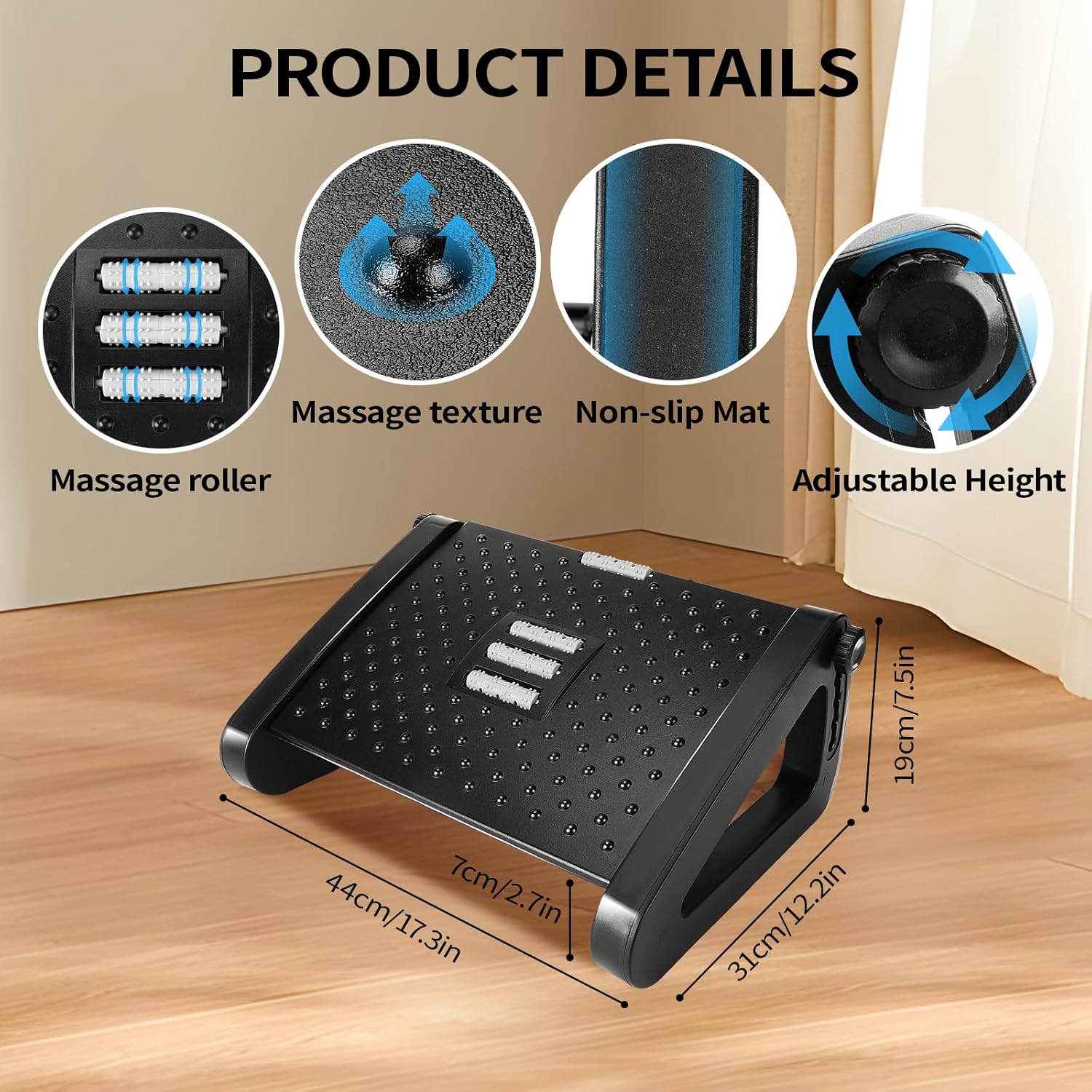 Detalle de AMUSPK Office Foot Rest – Adjustable Height Ergonomic Foot Stool with Massage Surface