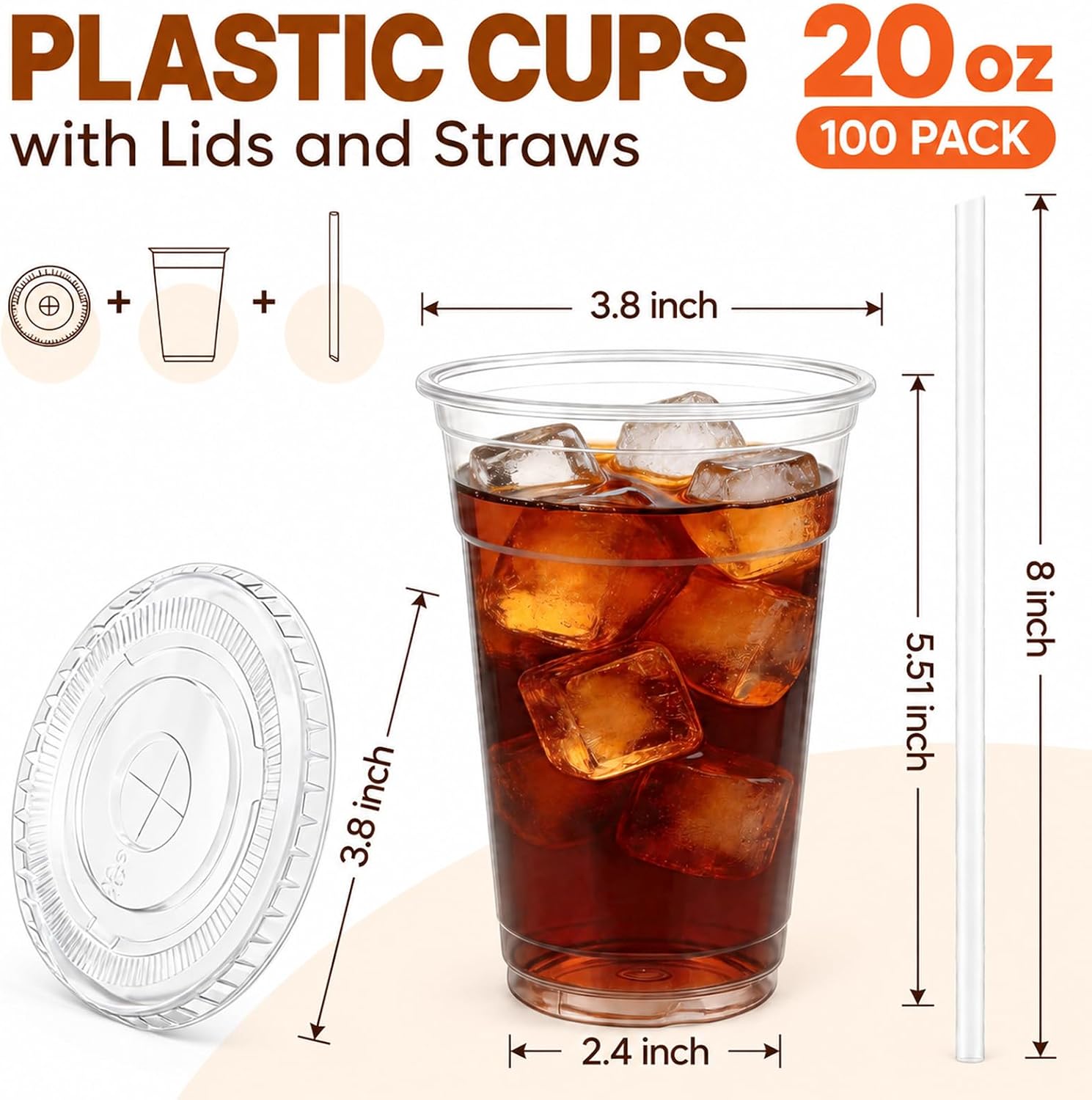 Detalle 2 de PODJULFA xi 20 oz Disposable Plastic Cups with Lids and Straws, 100 Pack