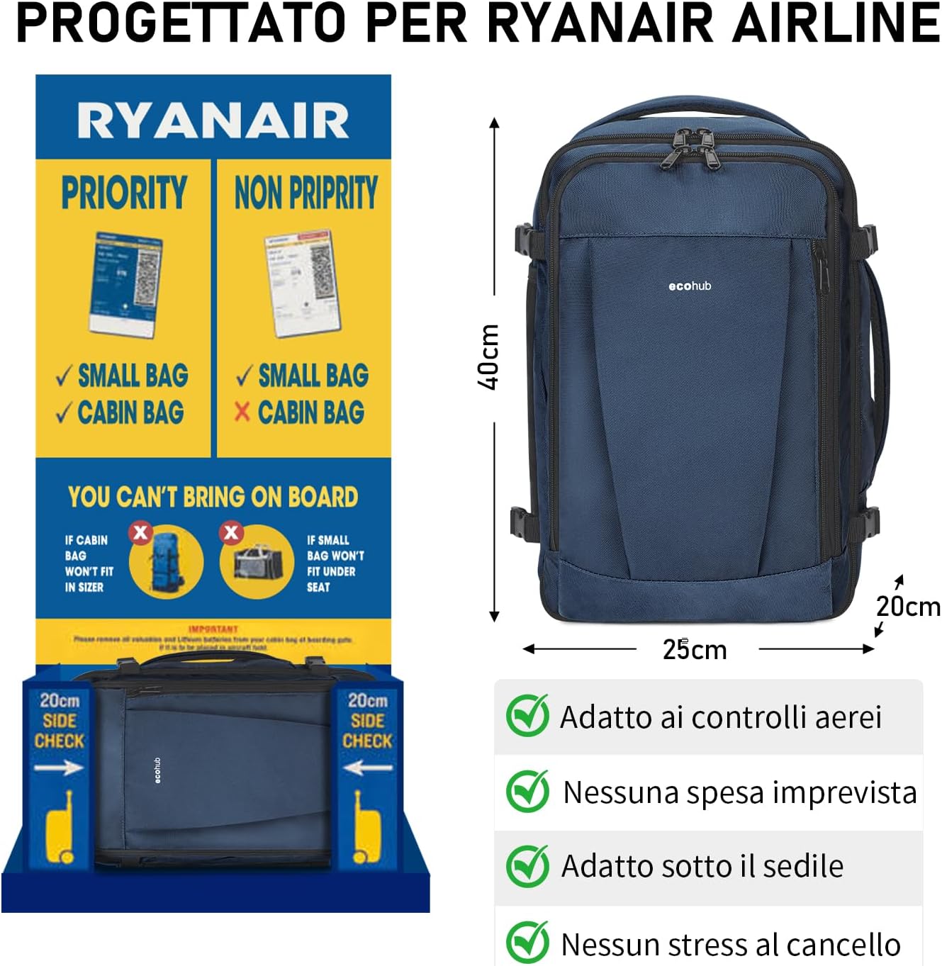 Detalle 2 de ECOHUB Zaino Ryanair 40x20x25 da Viaggio 20 L – Borsa Aereo Ecologica in PET Riciclato