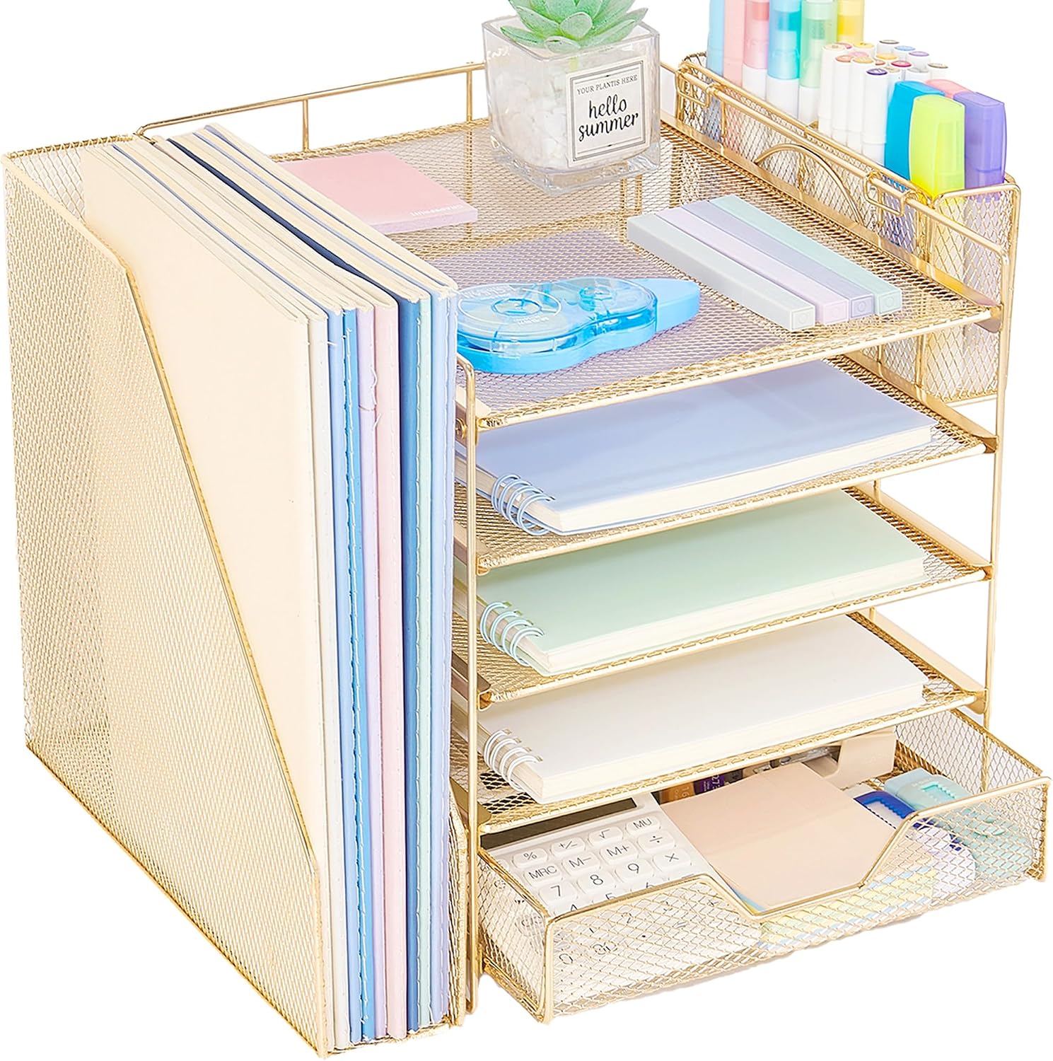 Detalle de Gugsey 5-Tier Desk File Organizer with Drawer and Pen Holder, Gold