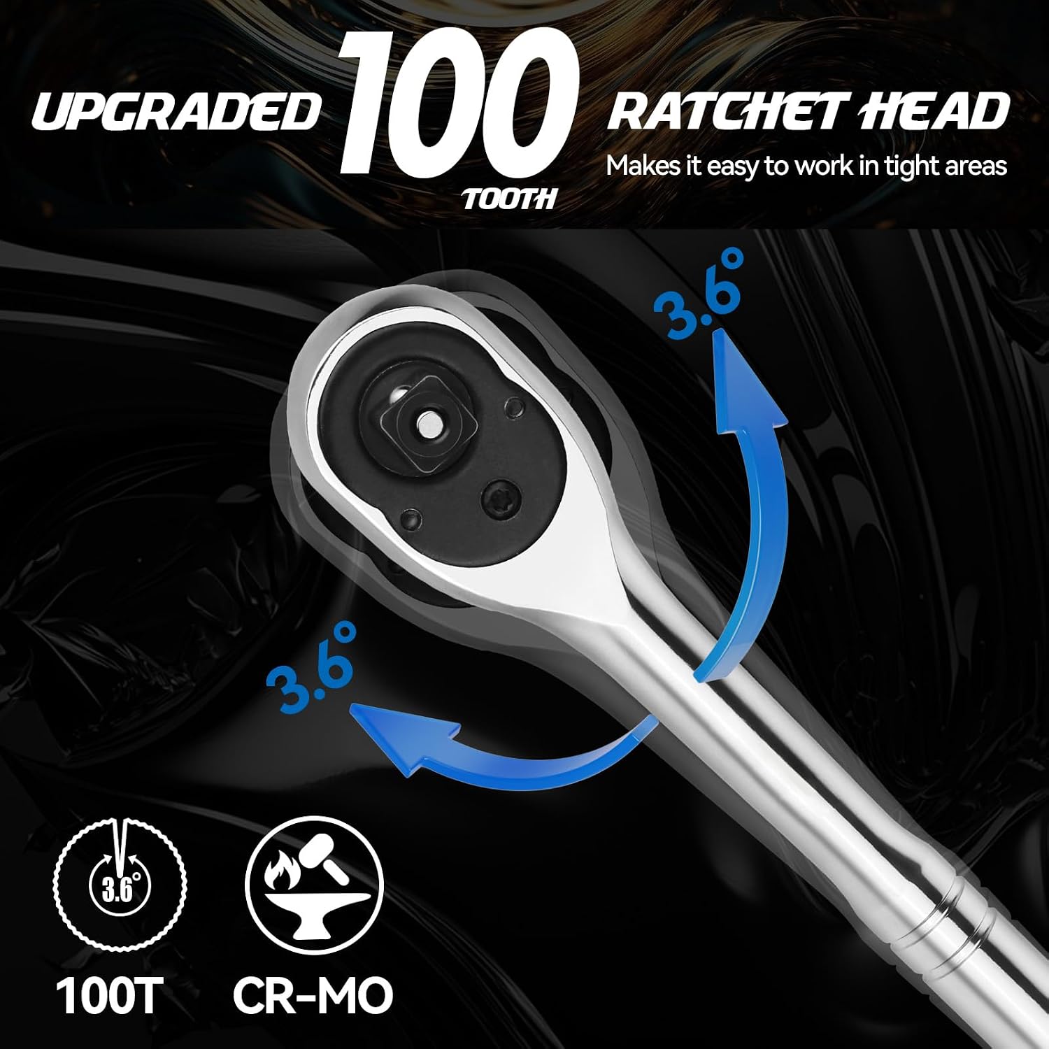 Detalle de DISEN DISEN-3BZGBJLB-100 Ratchet Set, 3 Drive Sizes, 100-Tooth Mechanism