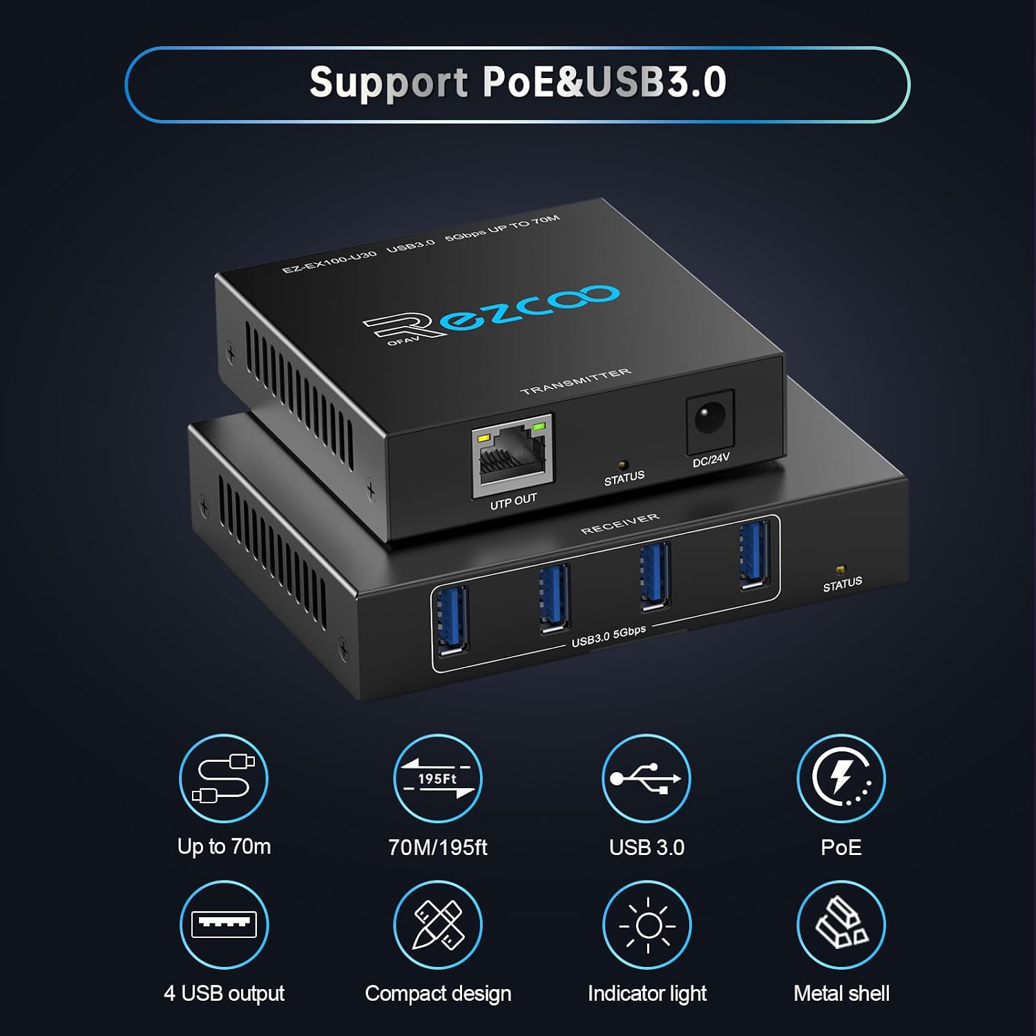 Thumbnail 2 de USB 3.2 Extender with 4-Port USB Hub over Cat5e/Cat6 (up to 70m / 229ft) with POE support