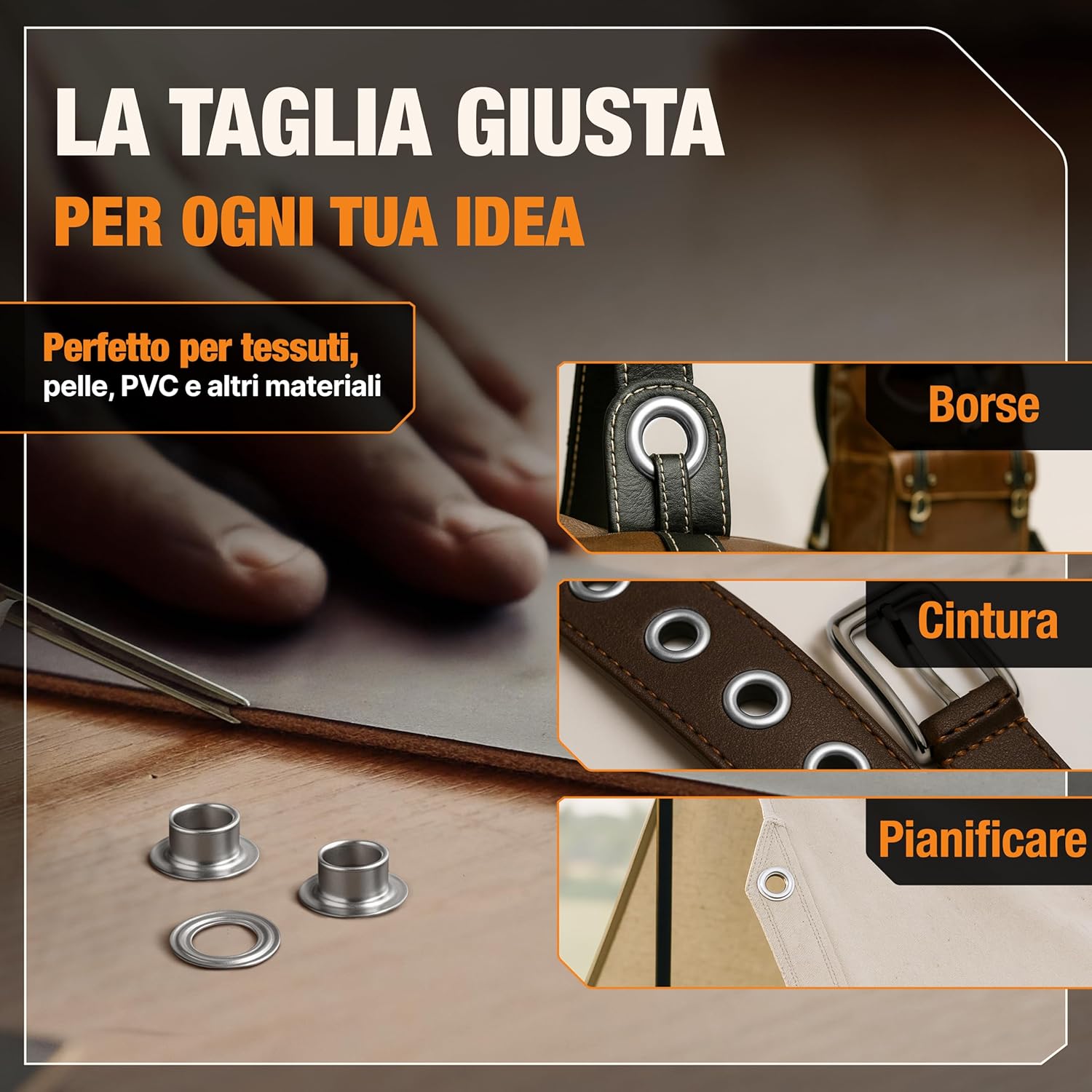 Detalle de BAURIX TALOS: pinze per occhielli 10 mm per teloni, tessuti e pelle – autofilettanti senza perforazioni