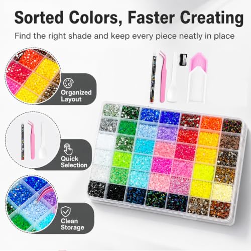 Detalle de Mytovosn 42000 Pcs 3mm Resin Jelly Rhinestones Kit with 42 Colours – Flatback Rainbow Gems, Includes Tweezer and Rhinestone Pen