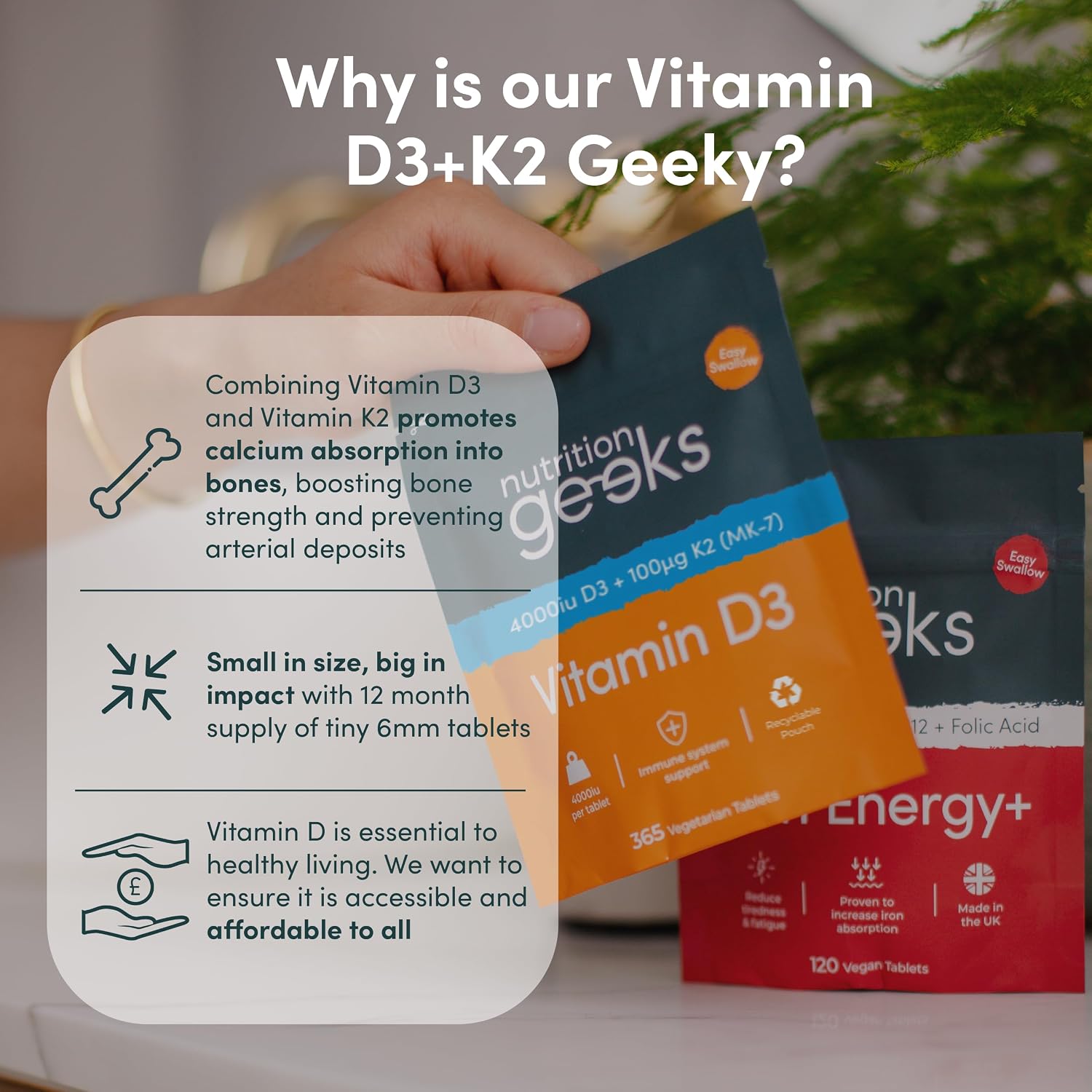 Detalle de Nutrition Geeks Vitamin D3 4000 iu + Vitamin K2 MK7 100μg Tablets — 365‑Day Supply