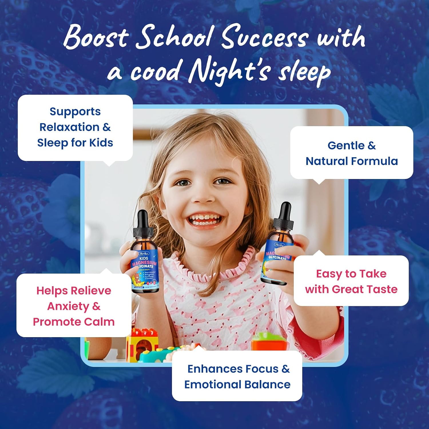 Detalle de Hovika Kids Magnesium Glycinate Liquid Drops with L-Theanine, Omega-3 & Strawberry Flavor