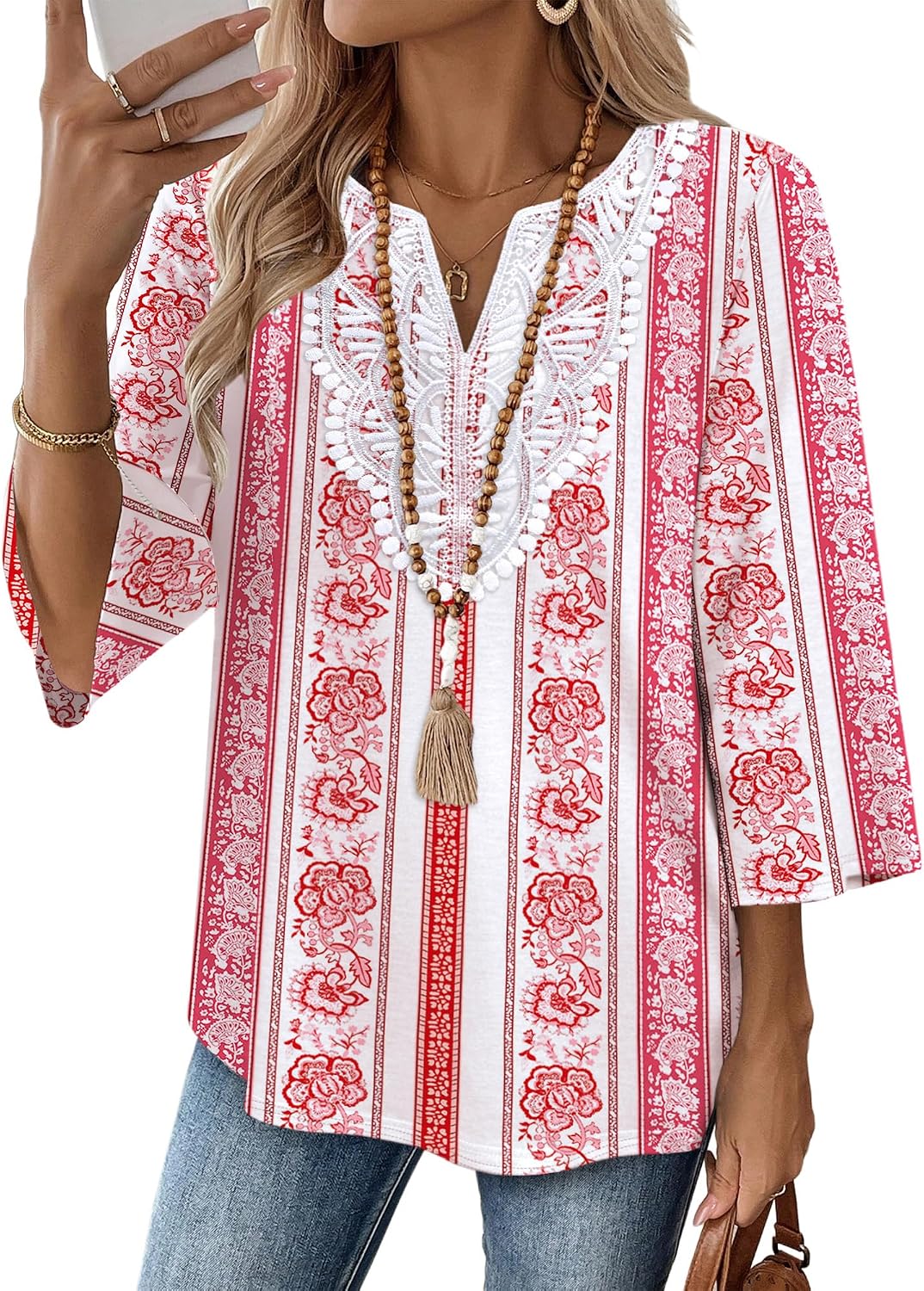 Thumbnail 6 de WIHOLL 3/4 Sleeve Boho V‑Neck Top S-3XL