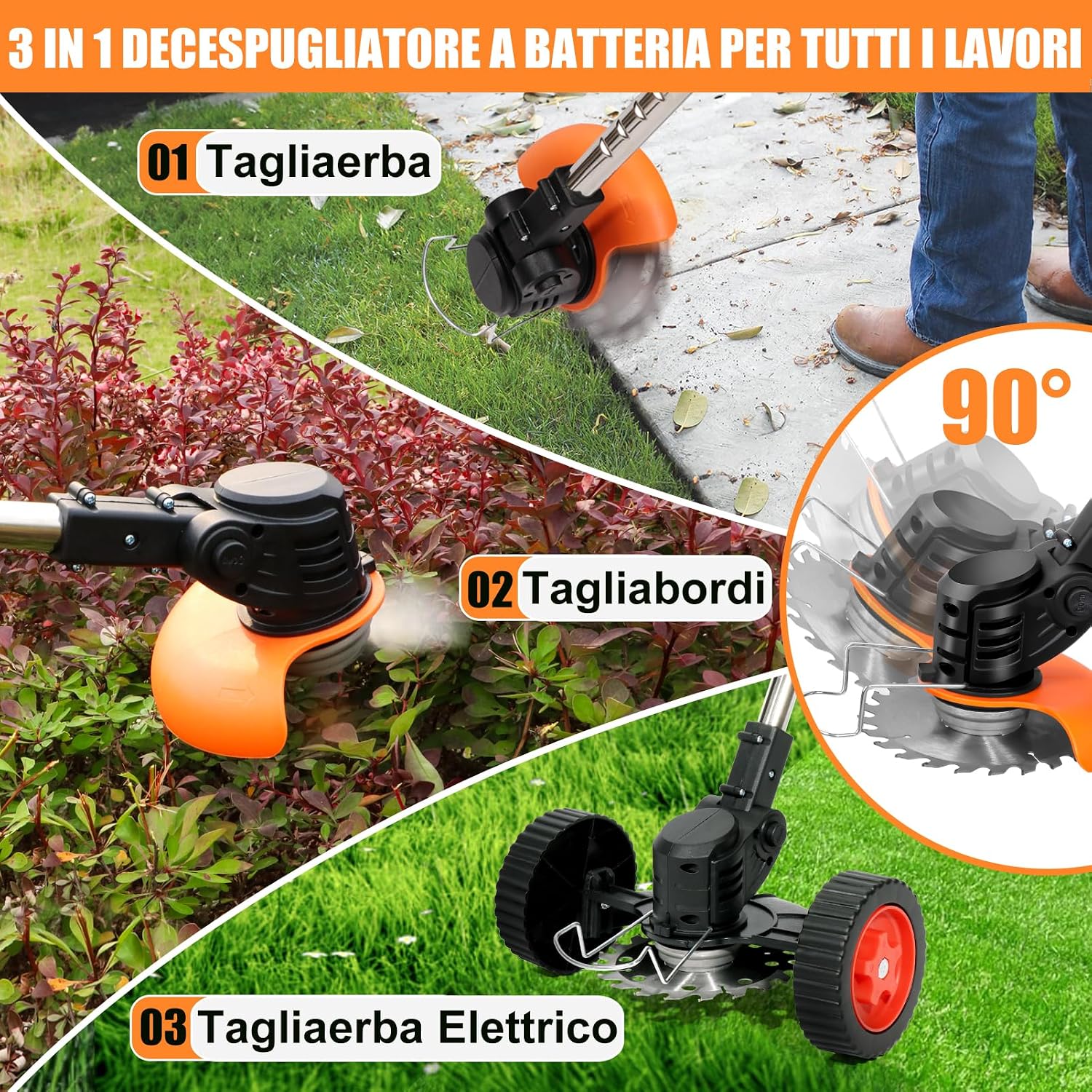 Detalle de Decespugliatore a Batteria 21V con Tagliaerba, 2 Batterie 2.0Ah, 4 Tipi di Lame e Ruote Rimovibili – Versatilità Senza Fili