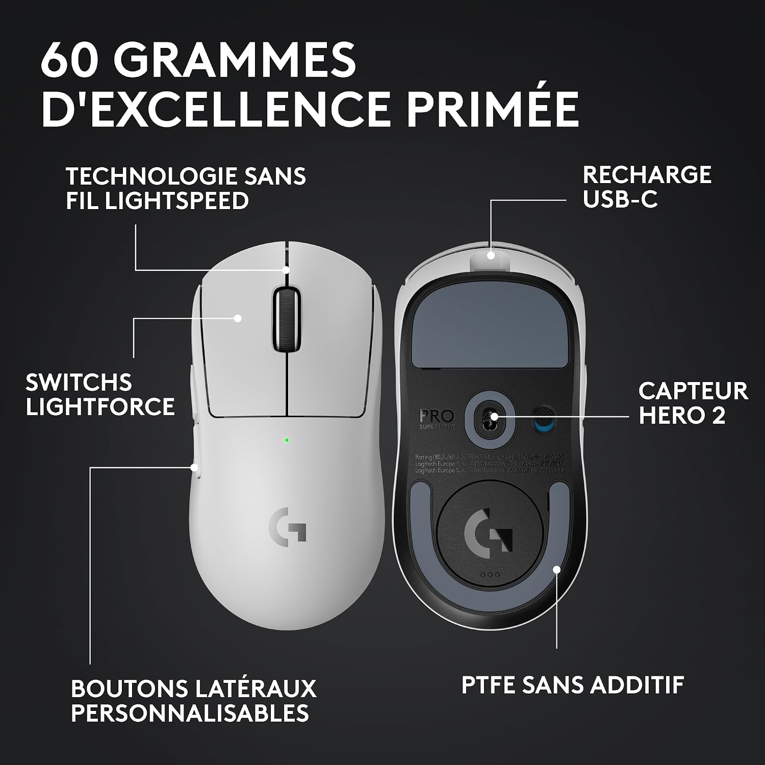 Detalle de Logitech G PRO X SUPERLIGHT 2 — Souris gaming sans fil ultralégère et précise