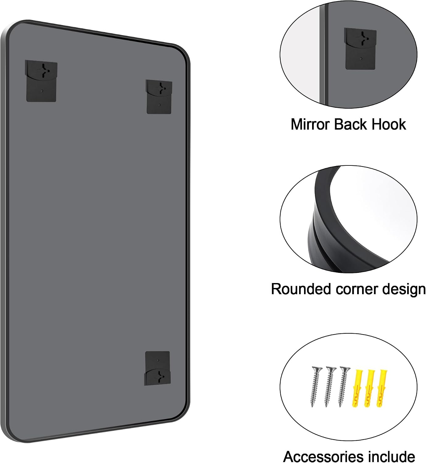Detalle 2 de COFENY 24 x 36 in Black Framed Bathroom Mirror, Rounded Corners