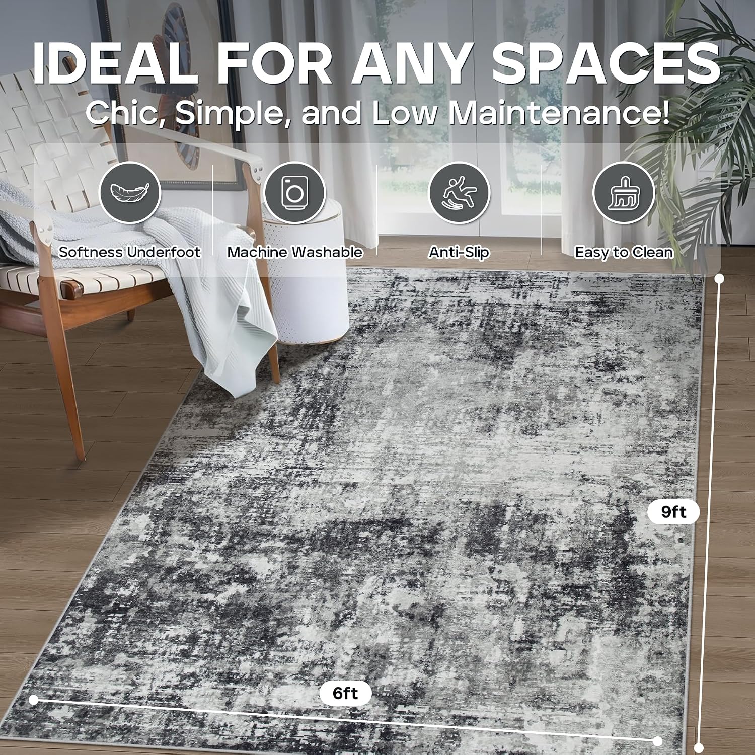 Detalle 2 de Aelenmu 6' x 9' Washable Area Rug, Black and Gray Abstract Polyester
