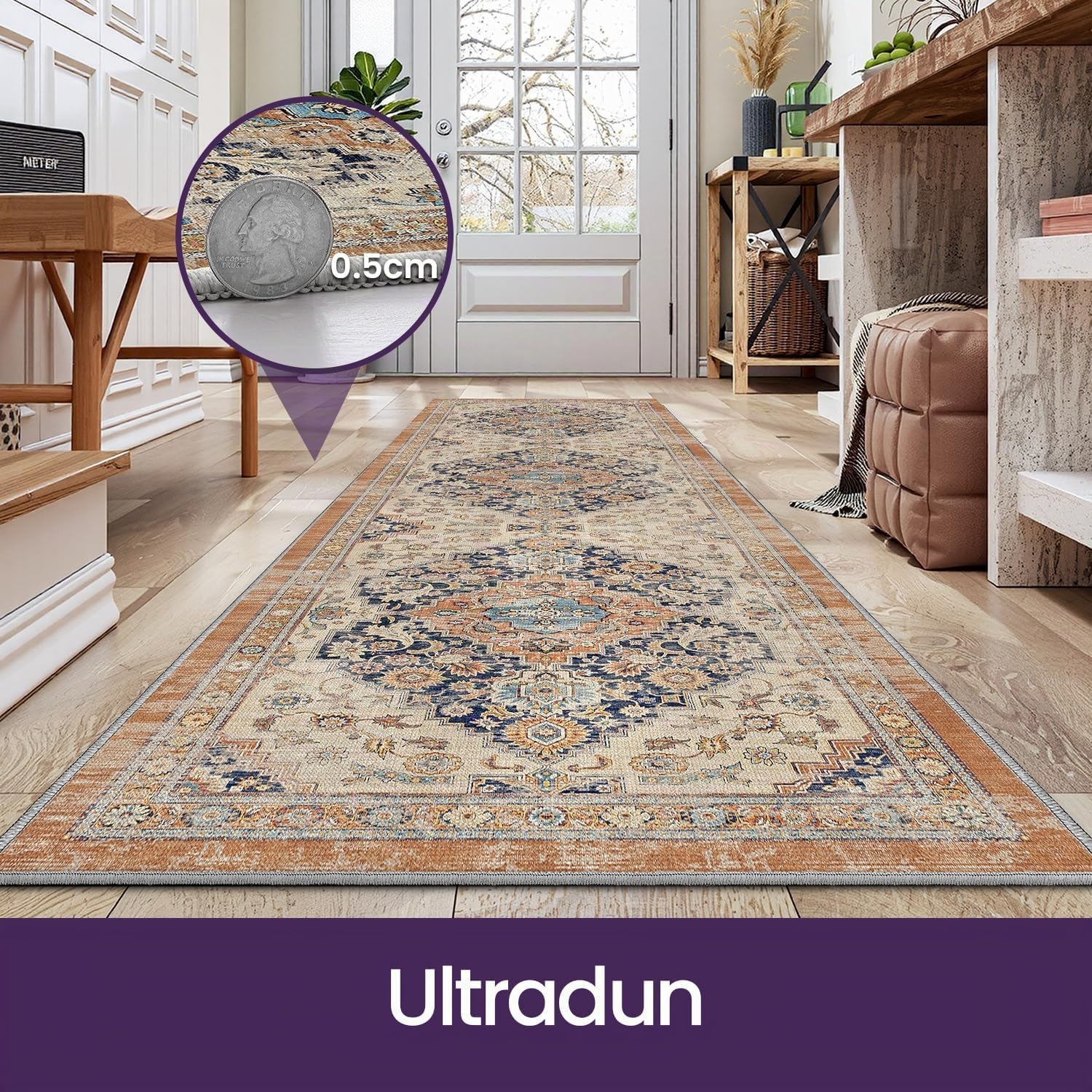 Thumbnail 6 de DEXI 60 x 150 cm tapijtloper, oranje vintage bloemen, antislip en wasbaar